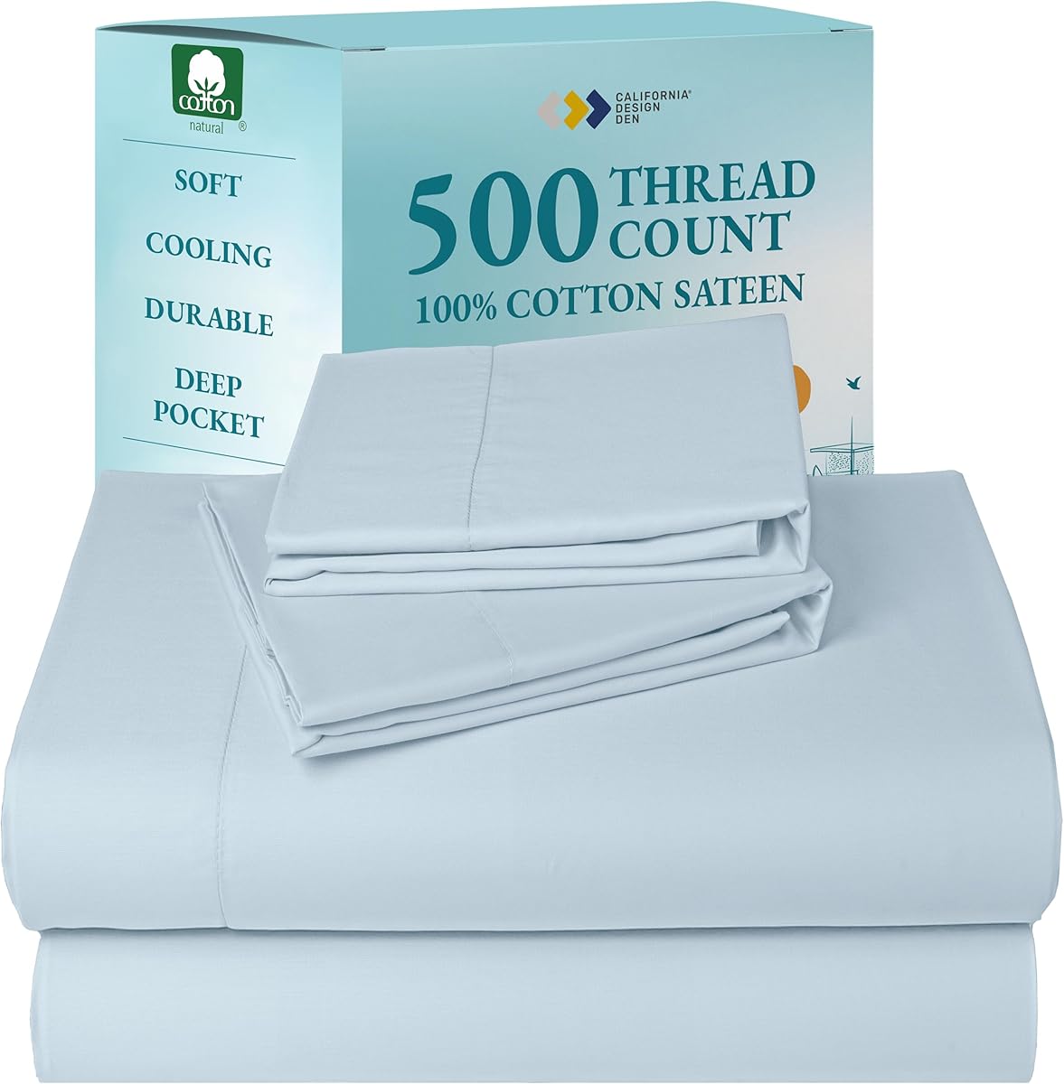 California Design Den - King Size Sheets Set, Soft 100% Cotton Sheets Deep Pockets Set, Snug Fit Elastic, 500 Thread Count Sateen, Premium Quality Bedsheet Set - Blue (Grey Tone)