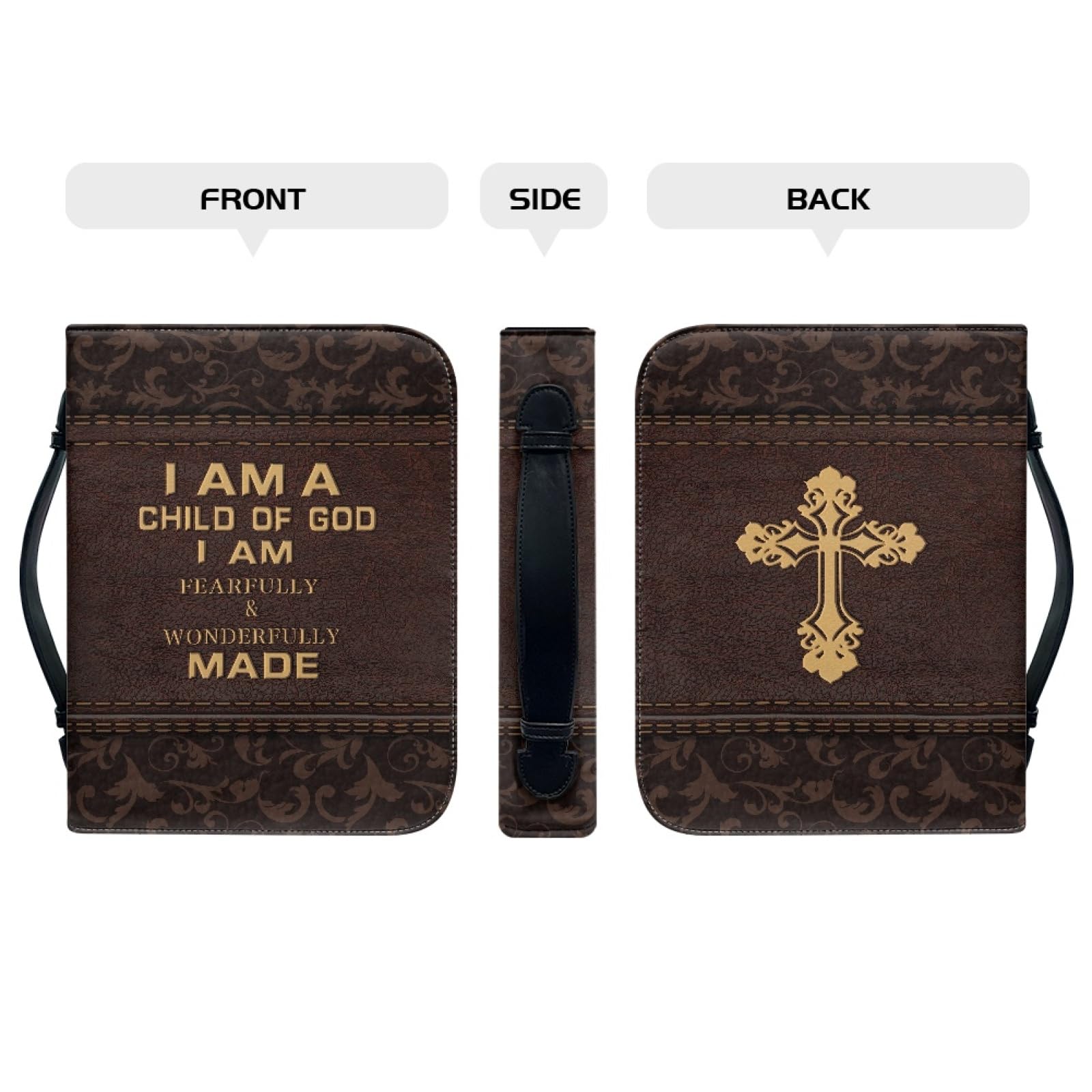 Kuiaobaty Lord Quotes Bible Cover Bag with Pockets, Brown Damask Print Book Sleeve PU Leather Zipper Case for Study Bible Small Large - Image 4