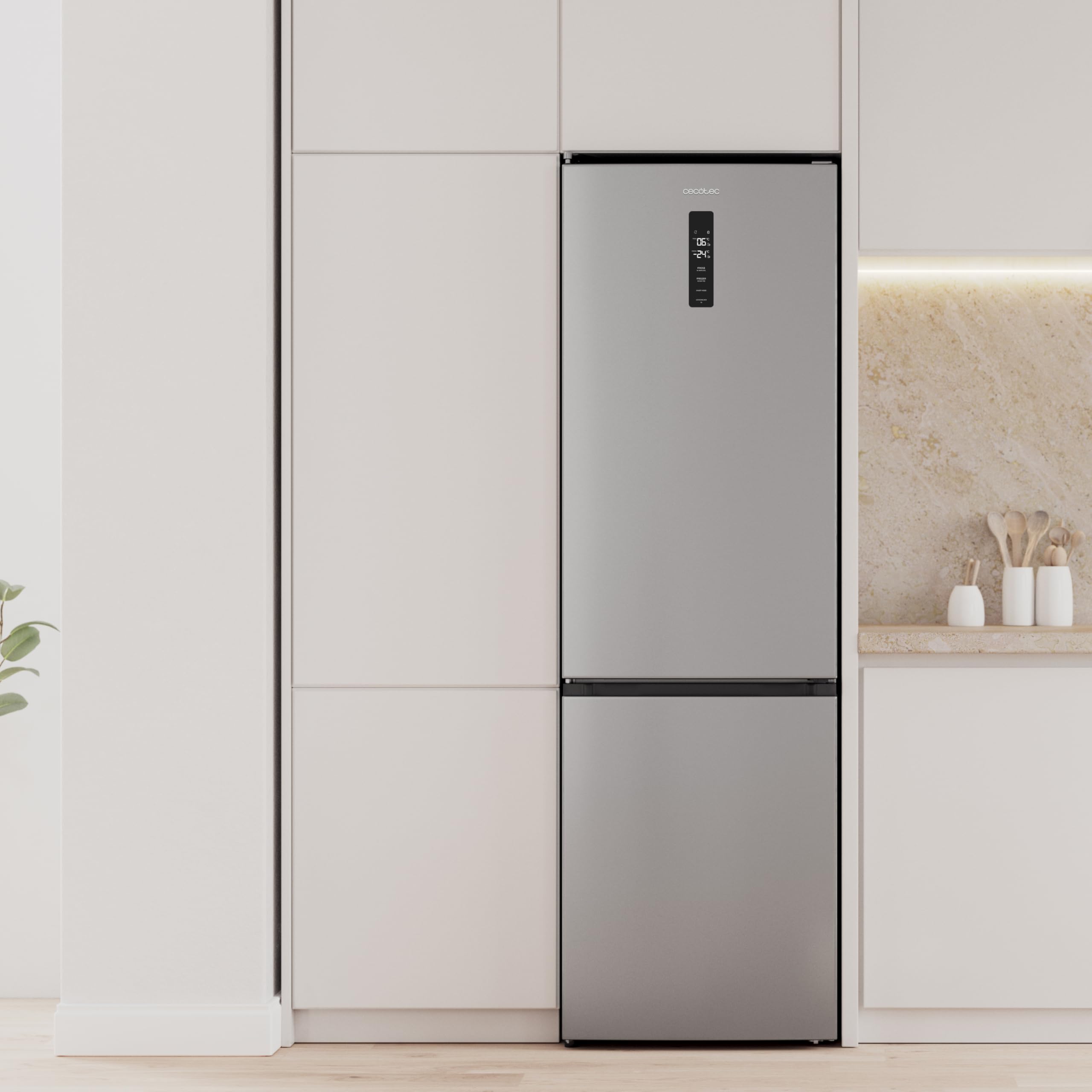 Cecotec Frigorífico Combi 335L No Frost Bolero CoolMarket Combi 335 Inox E. Altura 195,3cm y 59,5cm Ancho, Compresor Inverter Plus, Bajo Consumo, Estantes de Cristal, Cajón Control de Humedad, Inox