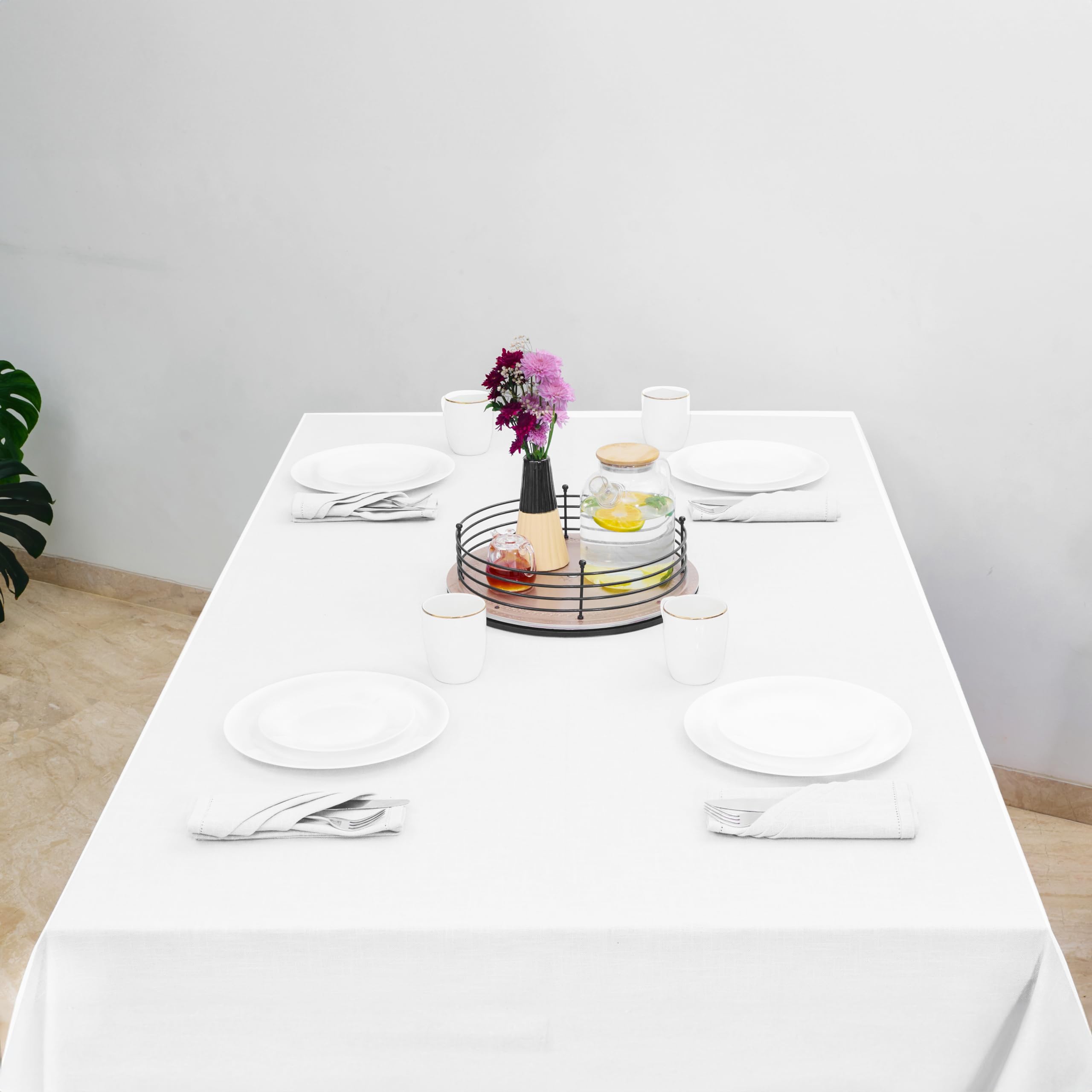 RUSTIQUE LINENS: White Table Cloth 6 Seater (190 x 150 cm) – Cotton Dining Table Cover – Water & Stain Resistant, Wrinkle-Free, Heavy Hem-Stitched Fabric