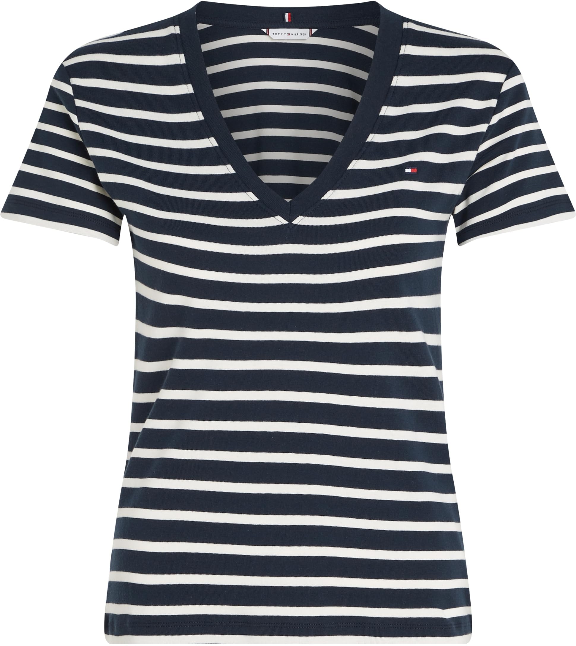 Tommy Hilfiger New Slim Cody V-NK SS WW0WW40584 Camisetas de Punto de Manga Corta, Azul (Breton STP/Desert Sky/Ecru), XXL para Mujer