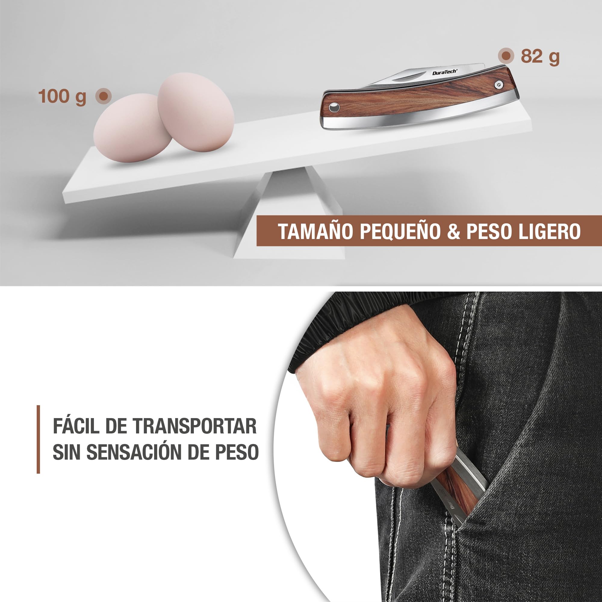 DURATECH Navaja Plegable, Cuchillo de Acero Inoxidable con Mango de Madera, Liviana y Compacta, Cuchillo Plegable de Bolsillo para Camping, Picnic, Senderismo