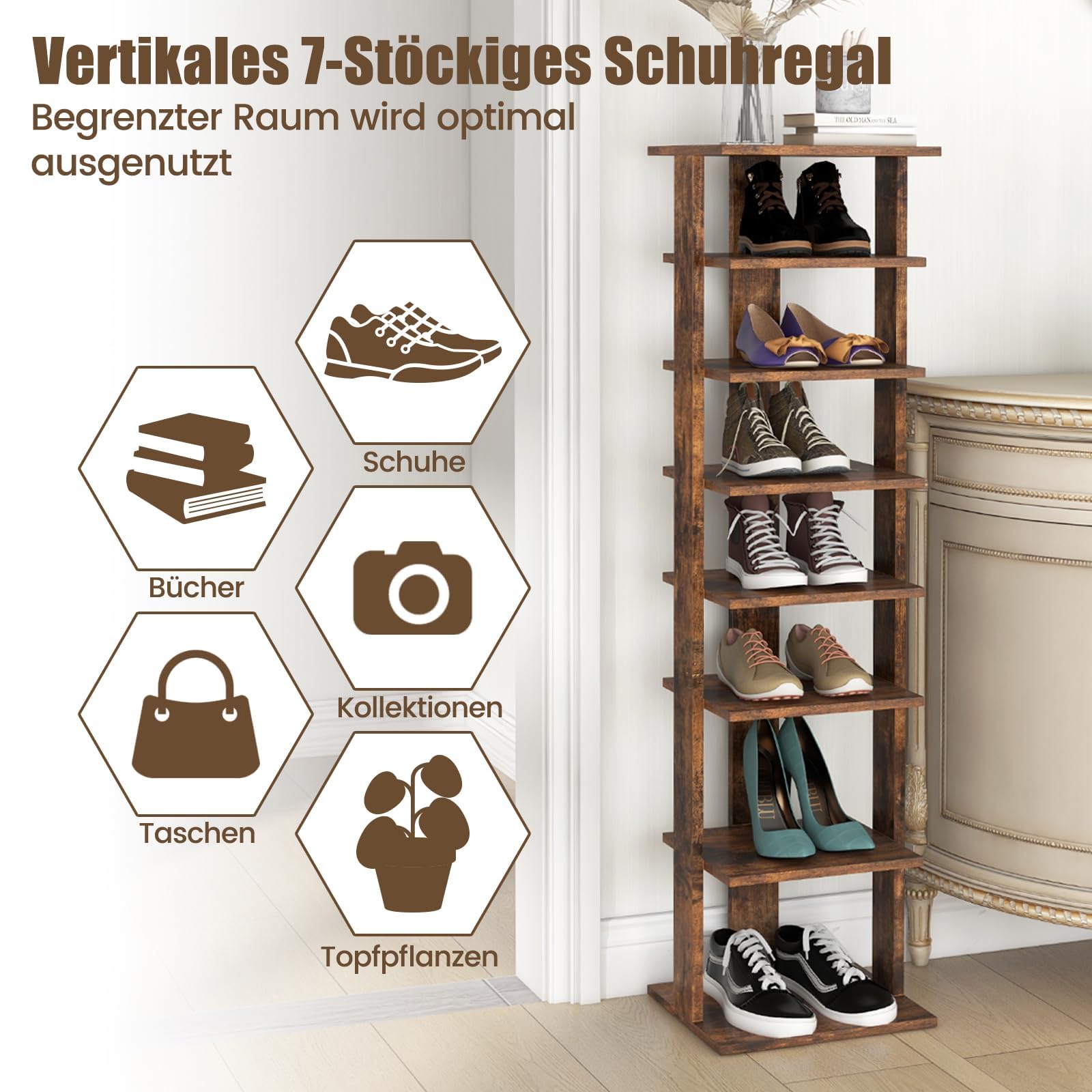 FANTASK 8 stufiges Schuhschrank, Schuhständer Schuh-Organizer aus Holz höhenverstellbar, Standregal, Schuhregal schmal vertikal, Freistehender Eckregal für Eingang & Flur (Braun)