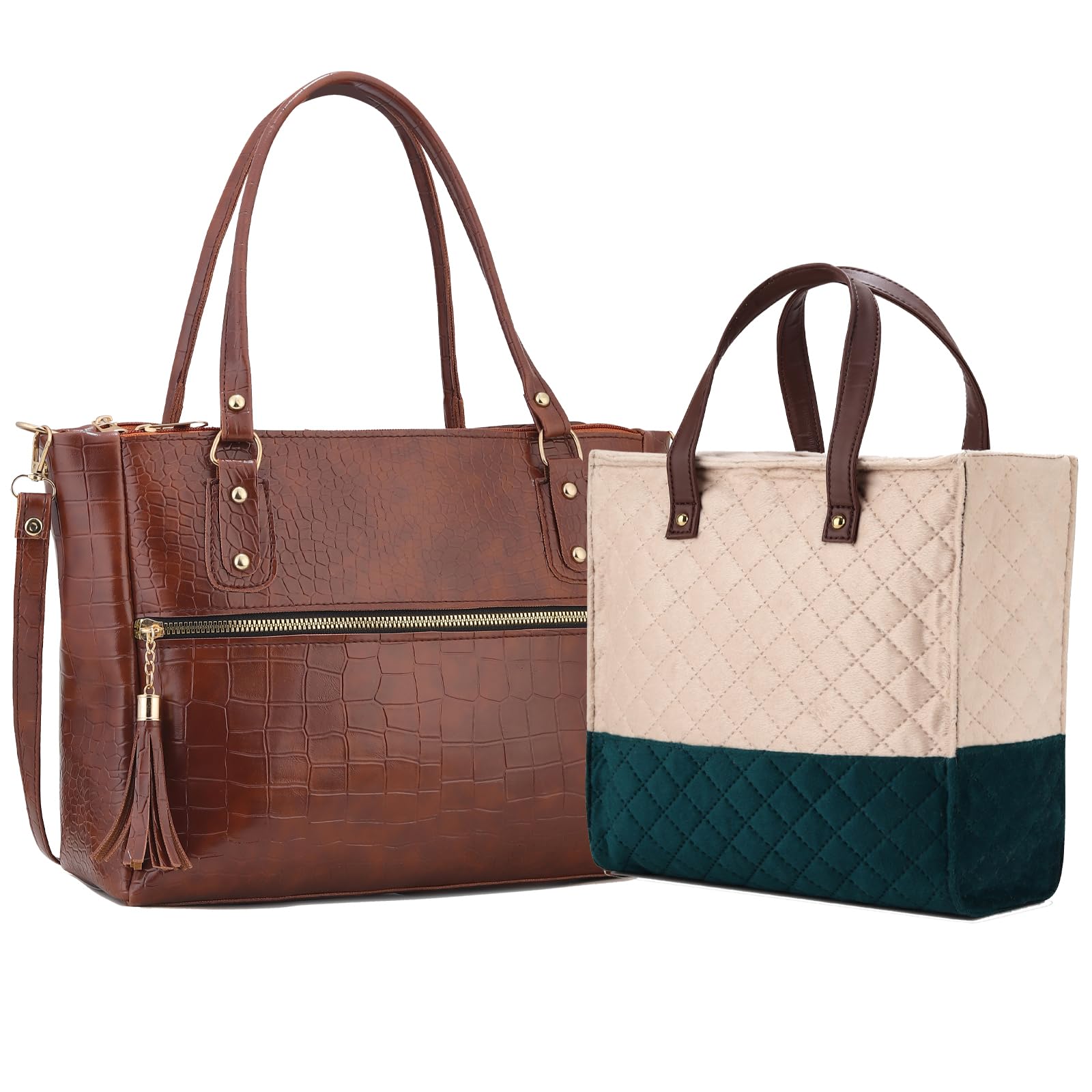 AVÉRAA Croco Pattern Tote Handbag for Women with Insulated Lunch Bag | 2 in 1 Office & School Tiffin Carry Bag Combo | Big Shoulder Purse with 3 Compartments & Front Zip Pocket-image-48