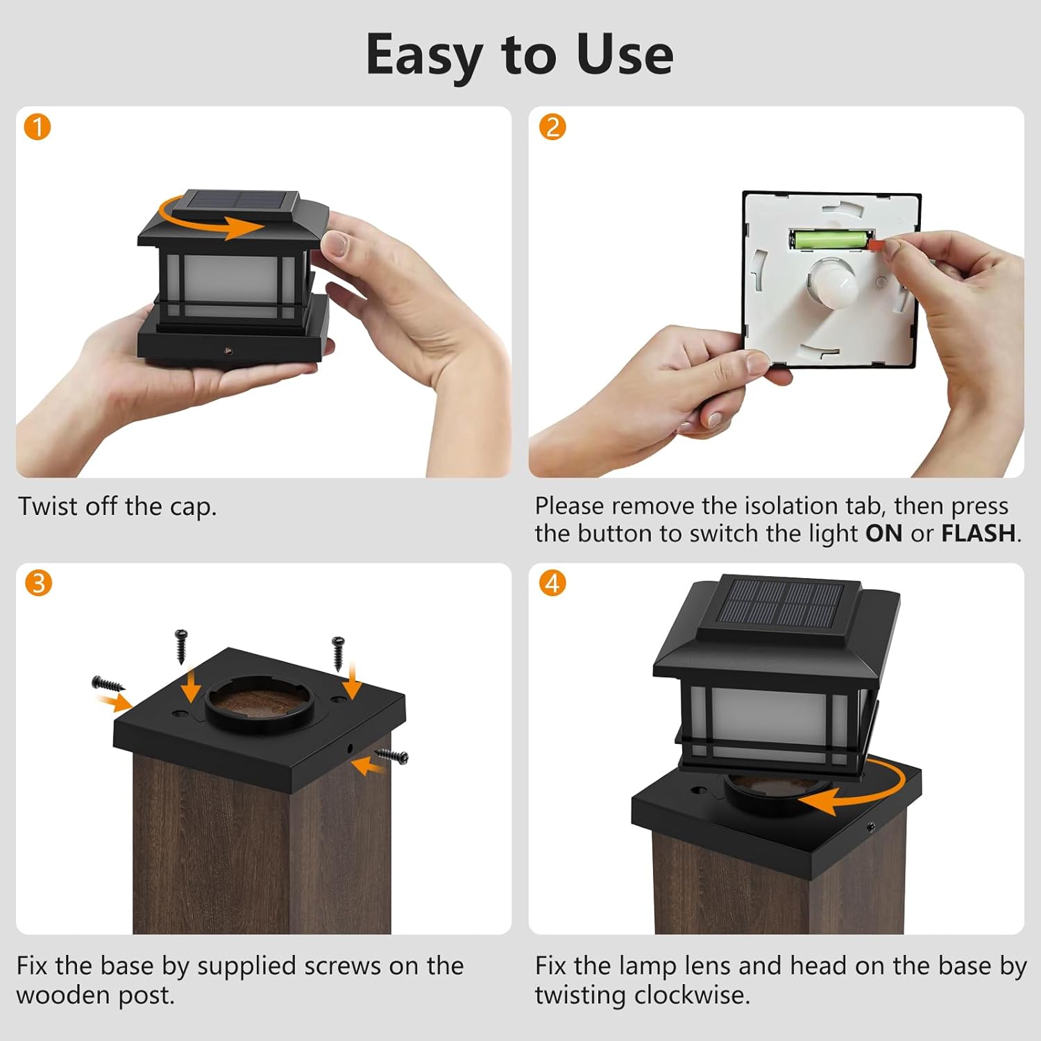 8 Pack Solar Post Cap Lights Outdoor with Flickering Flame, Fence Post Solar Lights Fit for 4x4 3.5x3.5 Wooden Vinyl Posts, Waterproof Solar Lamp for Garden, Deck, Patio, Yard Decor (Black)