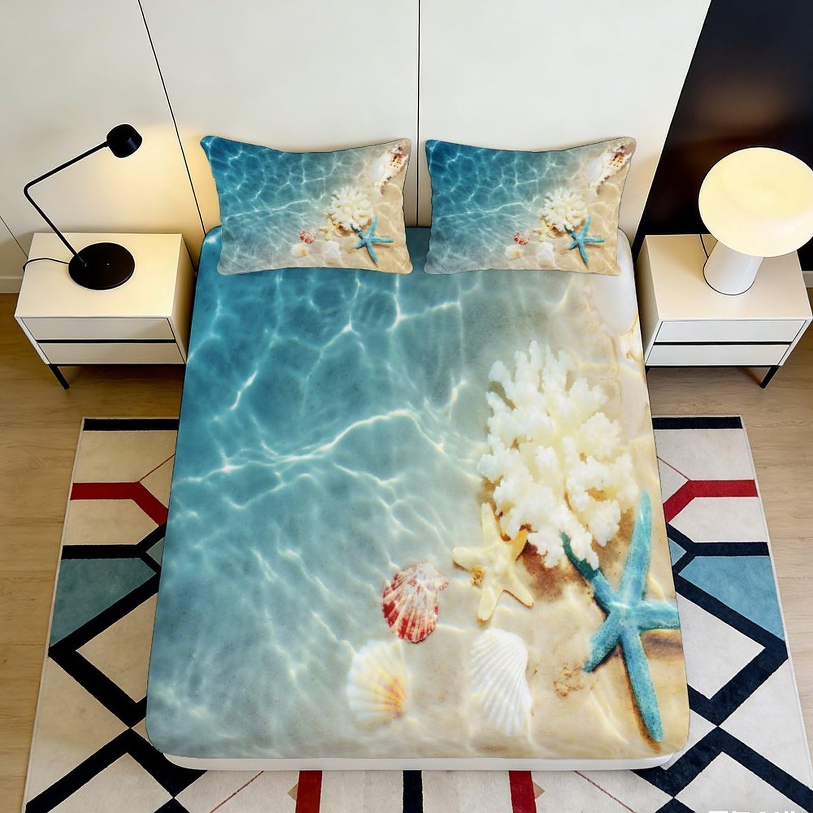 3D Printed Ocean Theme Fitted Sheet Microfiber Washable Bedroom Bedding Coral Starfish Mattress Fitted Cover Deep Pocket Non-Slip 140x200x25cm