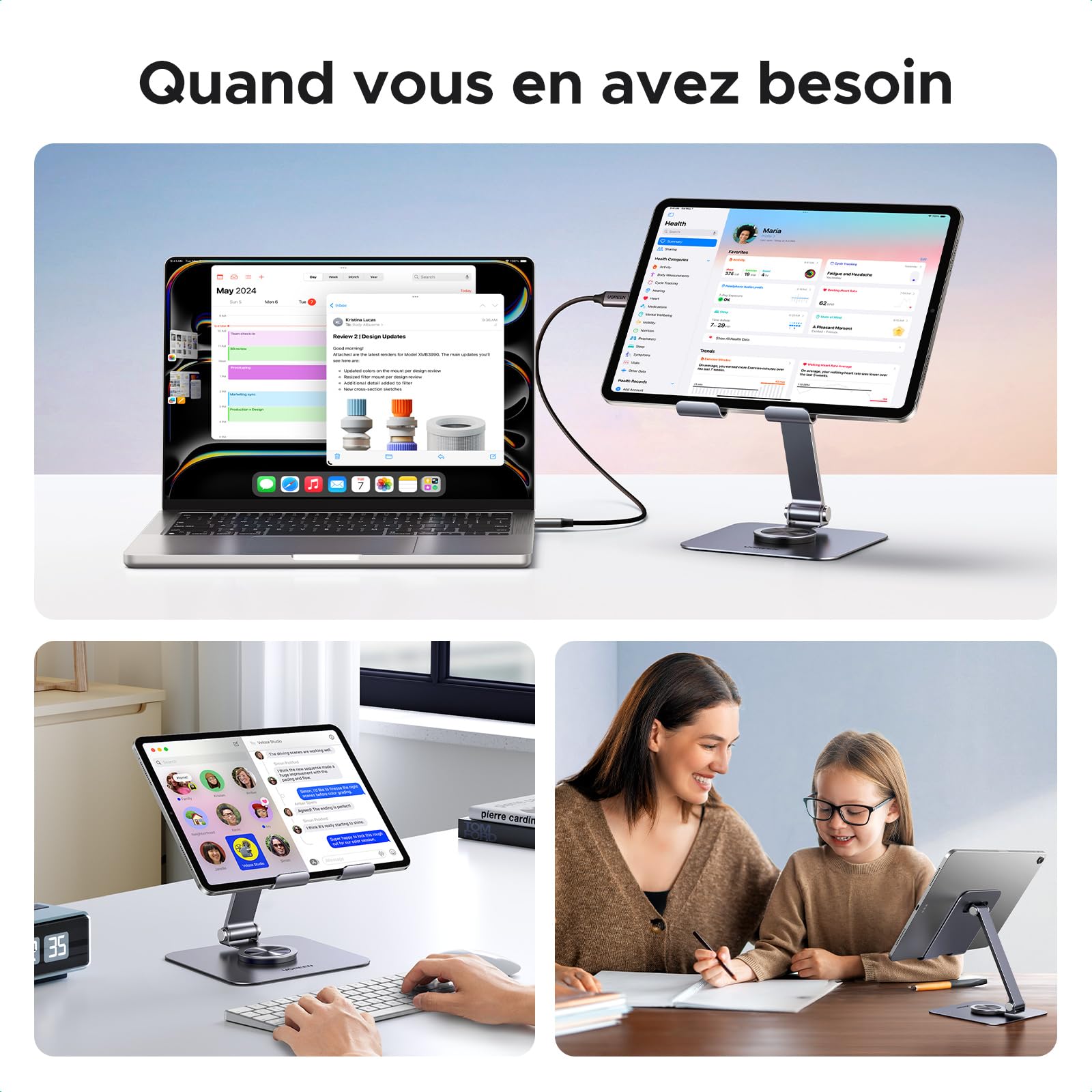 UGREEN Support Tablette Bureau Réglable Rotatif à 360 Degrés Porte Téléphone Pliable en Aluminium Compatible avec iPhone 17 Pro Max Air iPad Pro Air Mini Galaxy Tab A11 S11 A9 Redmi Pad