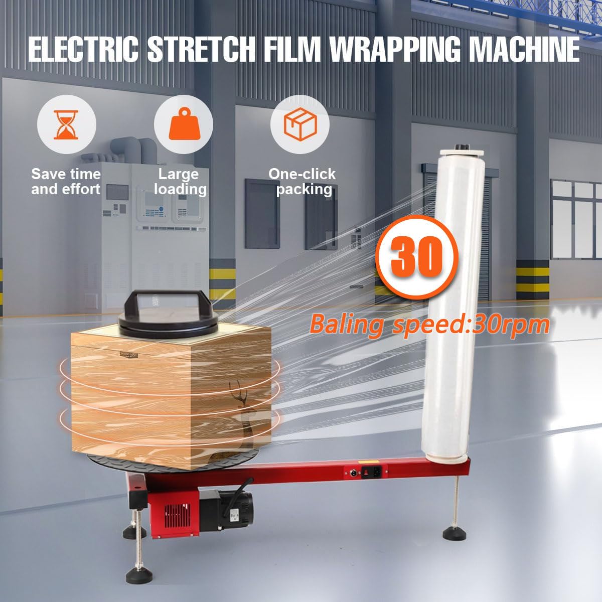 Elektrische Palettenverpackungsmaschine - 30 U/min, 100 kg Kapazität, Fußschalter & Drehteller, halbautomatischer Stretchfolienspender für Lager- und Industrieverpackungen