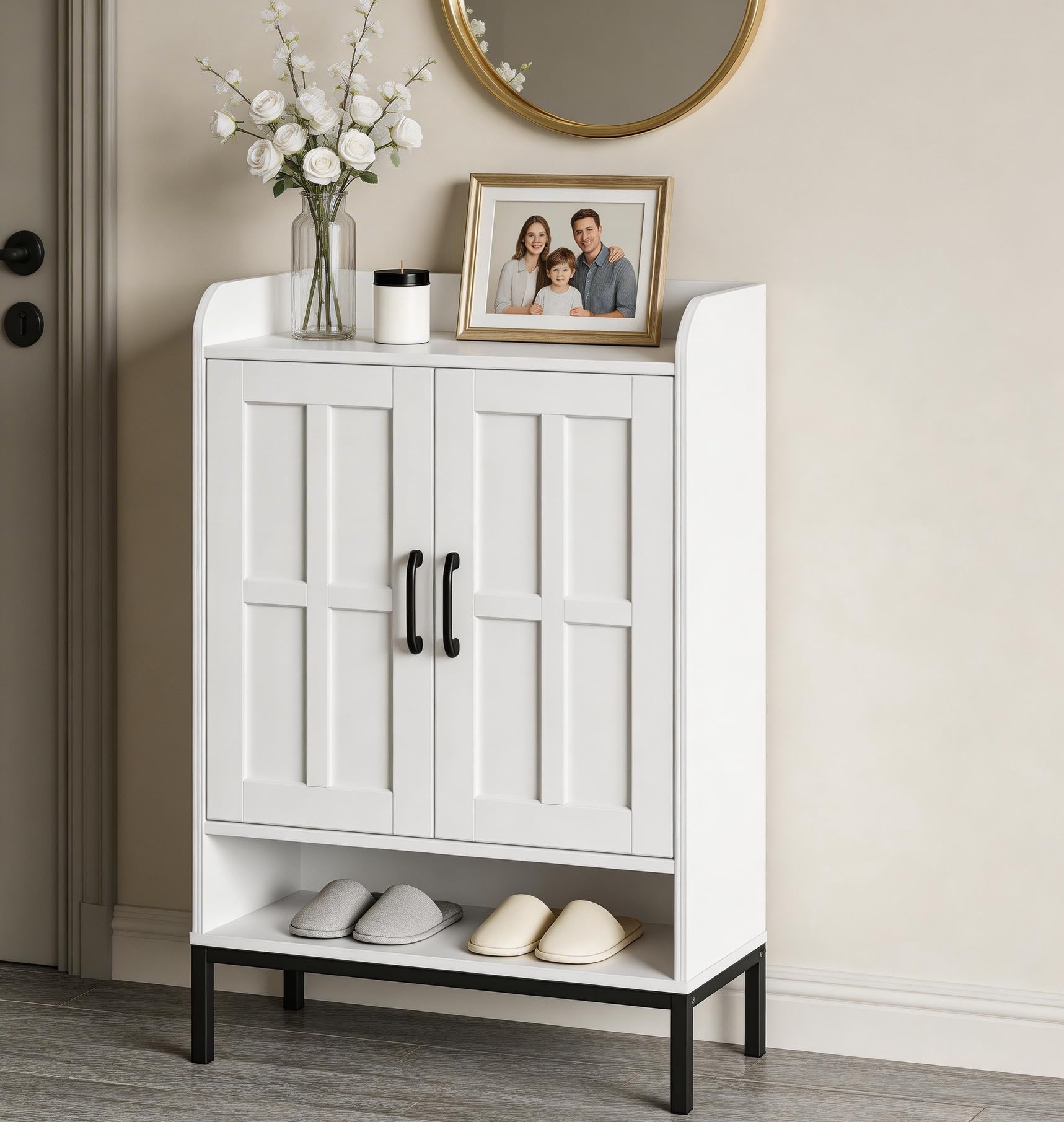 Shoe Storage Cabinet, Shoe Cabinet Wooden Shoe Cupboard with 2 Doors and Solid Wood Legs, 6 Tier Narrow Shoe Cabinets with Adjustable Shelves for Living Room, Hallway, 70W x 35D x 105.4H (White)