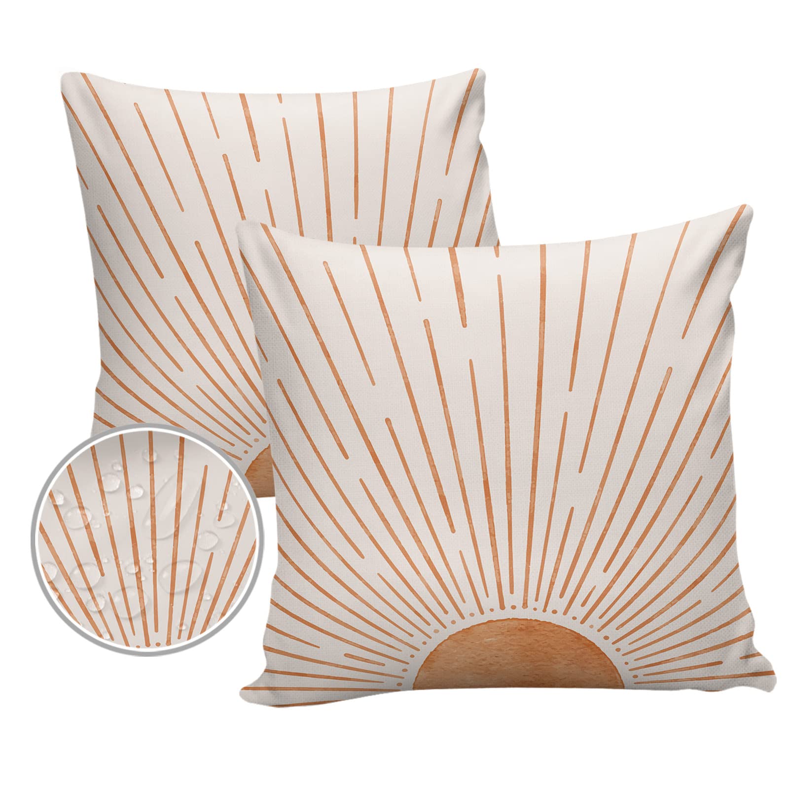 Outdoor Throw Pillow Cover Mid Century Terracotta Sun Lines Waterproof Cushion Covers 2 Pack Modern Minimal Art Pillow Cases Home Decoration for Patio Garden Couch Sofa