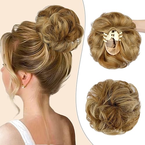 Moño desordenado con clip de garra, moño rizado, moño desordenado, sintético, recogido, coletero, para mujer, mezcla de rubio ceniza y marrón