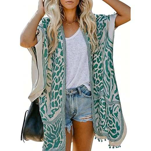 Dokotoo Womens Fashion Female Print Open Front Short Sleeve Kimonos Pom Pom Trim Tassel Split Cardigans Oversized Beach Swimsuit Bikini Loose Cover up Swimwear Green