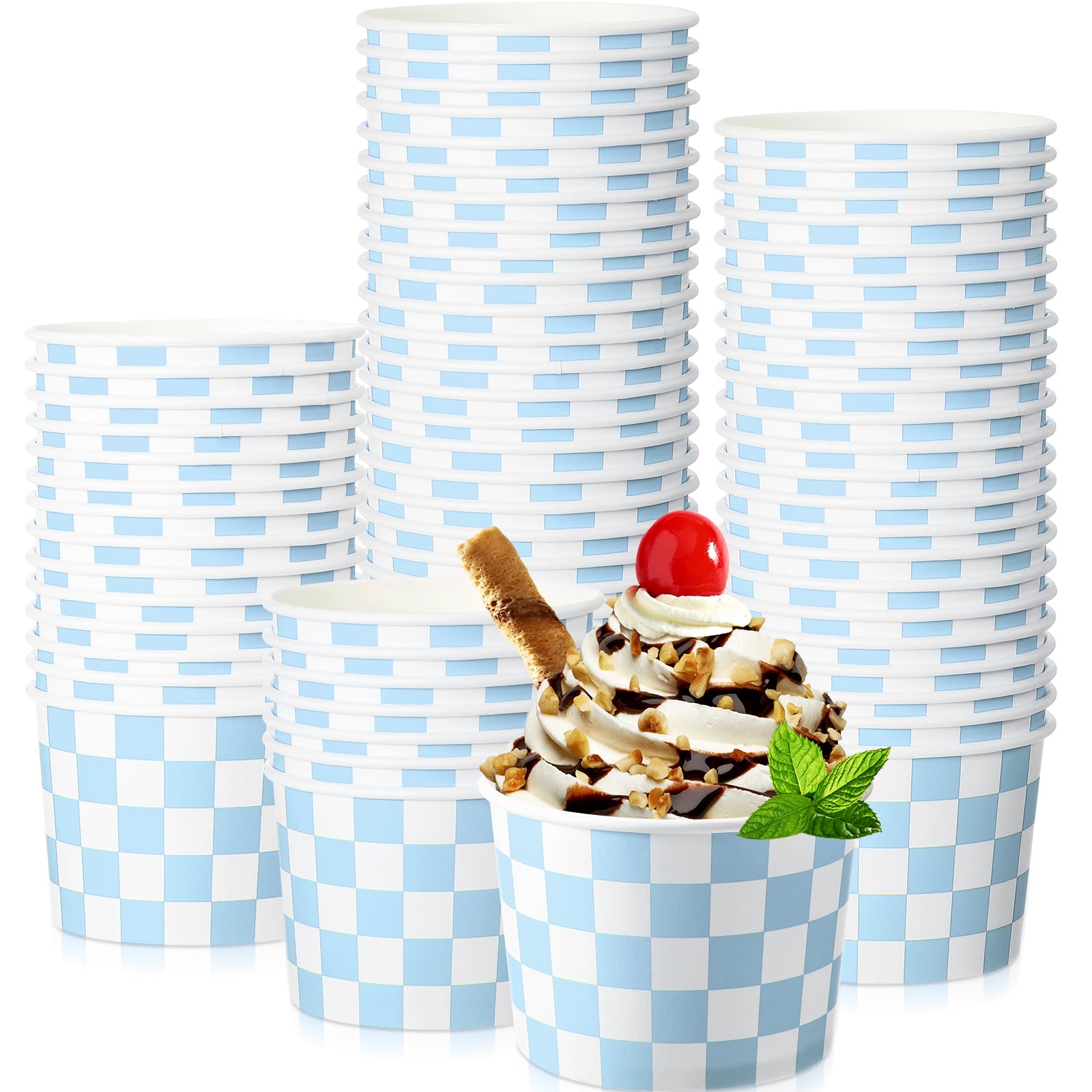 Zopeal 50 Count Light Blue Checkered Ice Cream Cups Disposable 9 oz Ice Cream Bowls Paper Race Car Birthday Party Supplies Snack Popcorn Soup Cups