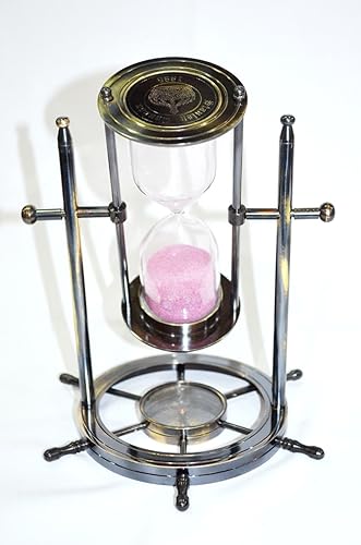 Antiguo giratorio timón de barco marítimo temporizador de arena 8" latón macizo reloj de arena con brújula