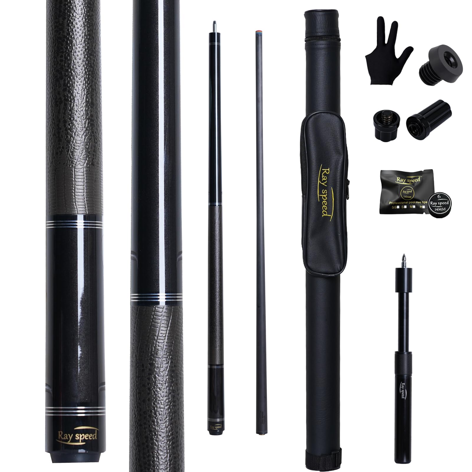 Carbon Fiber Pool Cue Stick 12.5mm Rainbow Tip Low Deflection Pool Stick with Uni-loc Pin Joint and Extension Pool Stick-20 oz