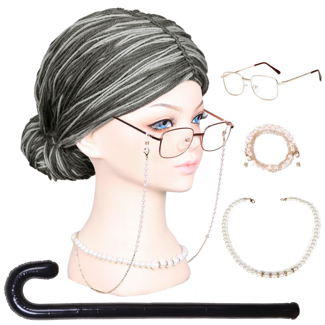 Photo 1 of ColorGround Handmade Old Lady Yarn Wig with Bun for Kids 100th Days of School Grey yarn wig