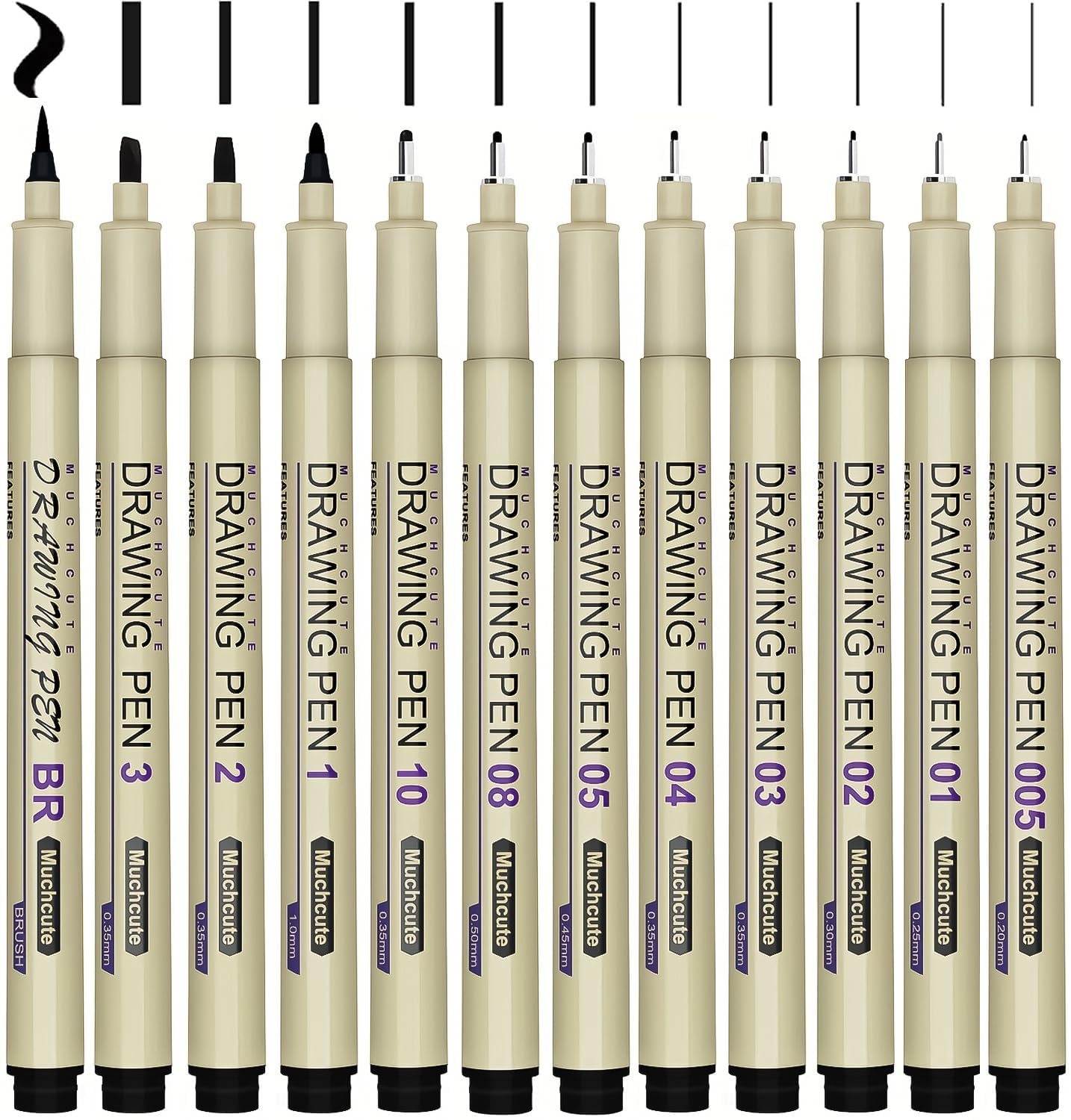 Muchcute Micro Fineliner Art Drawing Pens:12 Black Fine Liner Waterproof Ink Set Artist Supplies Line Professional Technical Marker Watercolour Sketching Manga Anime Gifts Sketch Zentangle Adult Stuff