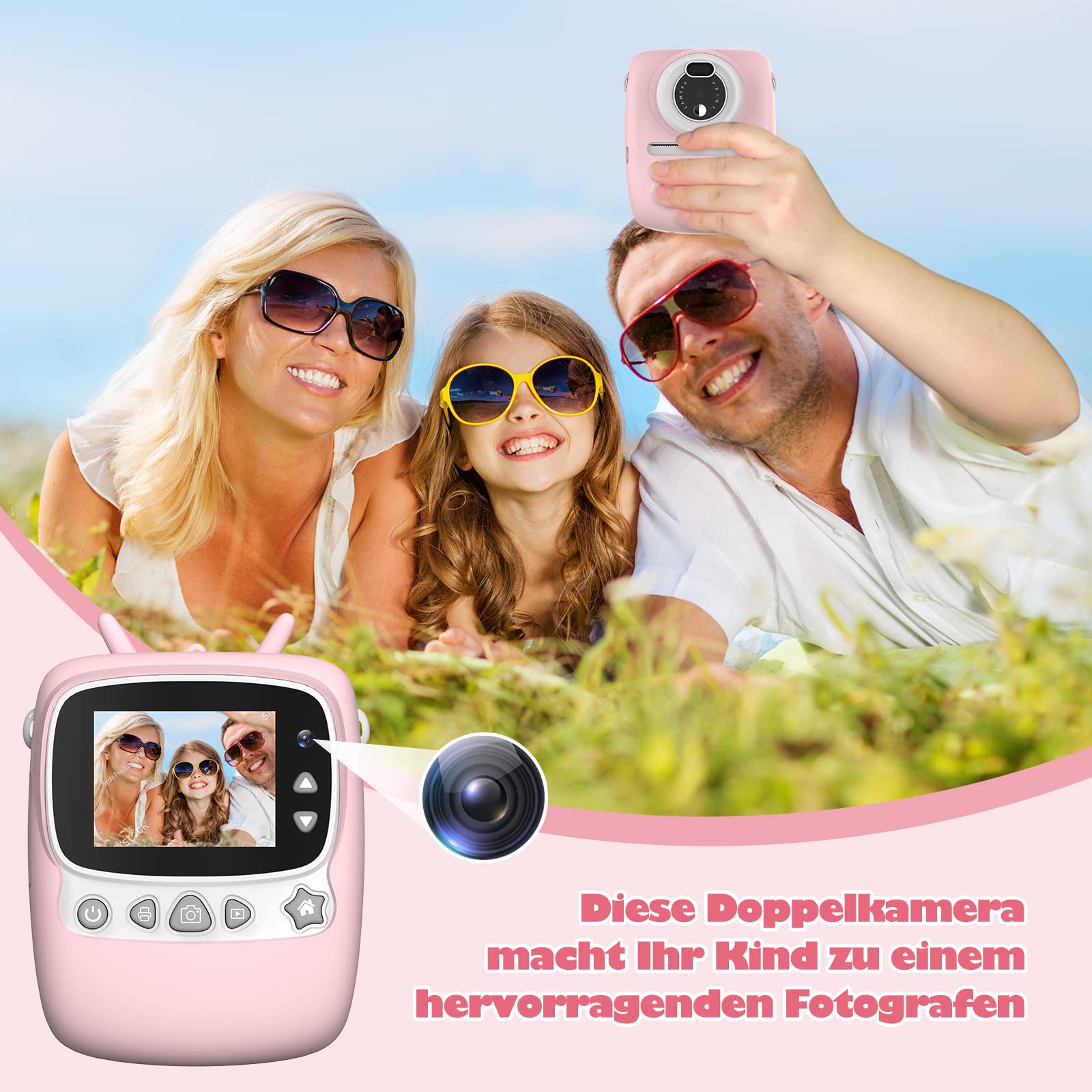 Fotocamera per bambini, 30 MP, fotocamera istantanea per bambini, stampa in bianco e nero, con schermo da 2,4 pollici, fotocamera digitale per bambini con scheda TF da 32 GB, doppia fotocamera, Rosa