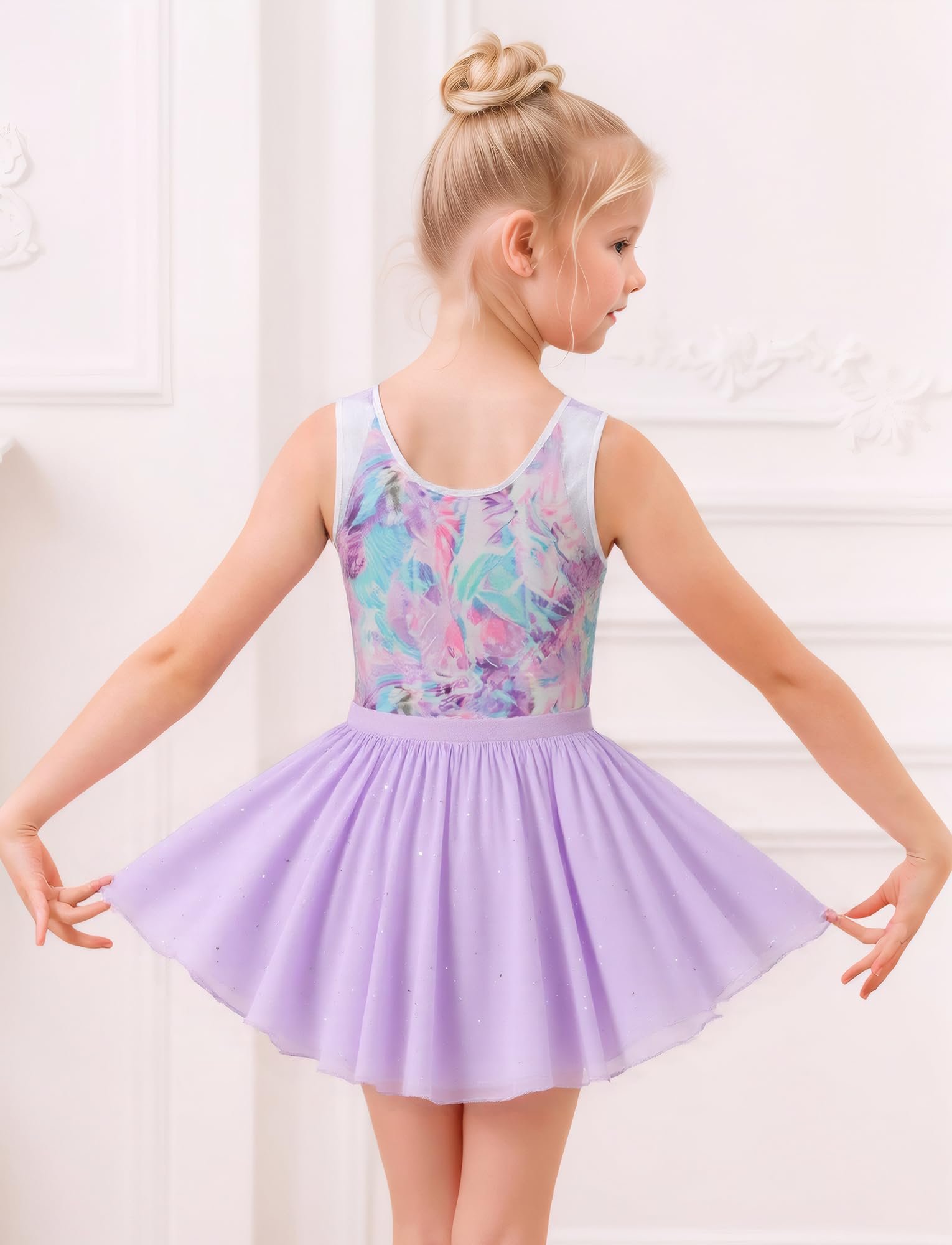 SEAUR Ragazza Body Ginnastica Senza Maniche Ginnastica Set Ginnastica con Gonna e Fascia Multicolore Glitter 5-12 anni