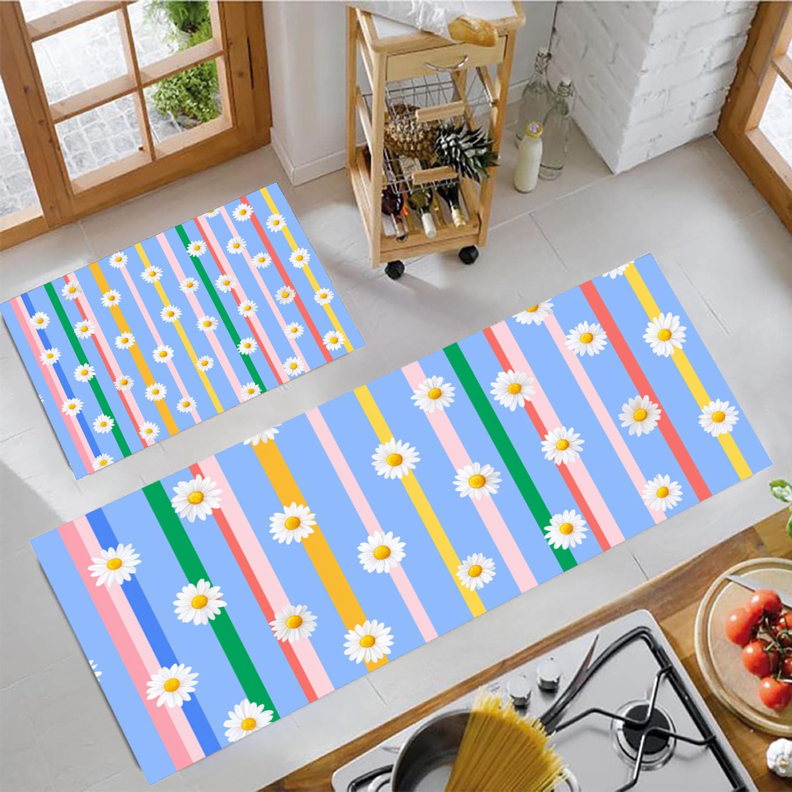 Tapis de cuisine en silicone antidérapant lot de 2 50x150cm rayures marguerites