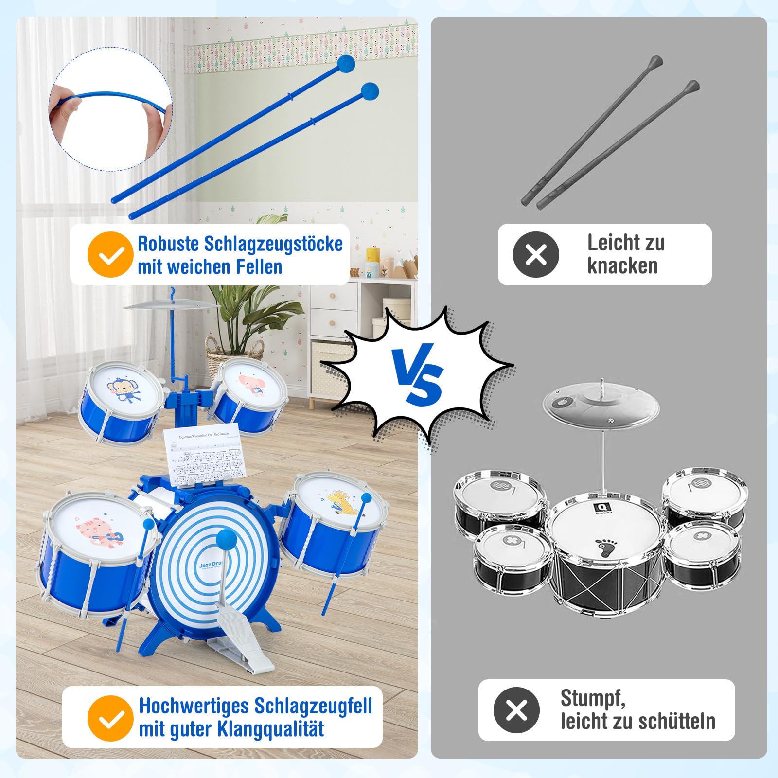 COSTWAY Kinder Schlagzeug Set, Trommel Set mit Hocker, Notenständer & Fußpedal, Schlaginstrument Drum Set für Kinder ab 3 Jahren