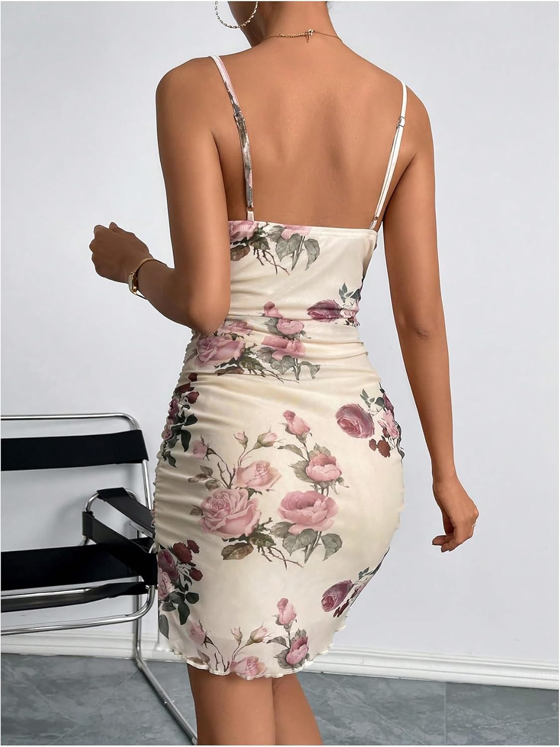 Milumia Women's Floral Print Mini Dress Draped Neck Spaghetti Strap Ruched Bodycon Mesh Cami Dresses - Image 2