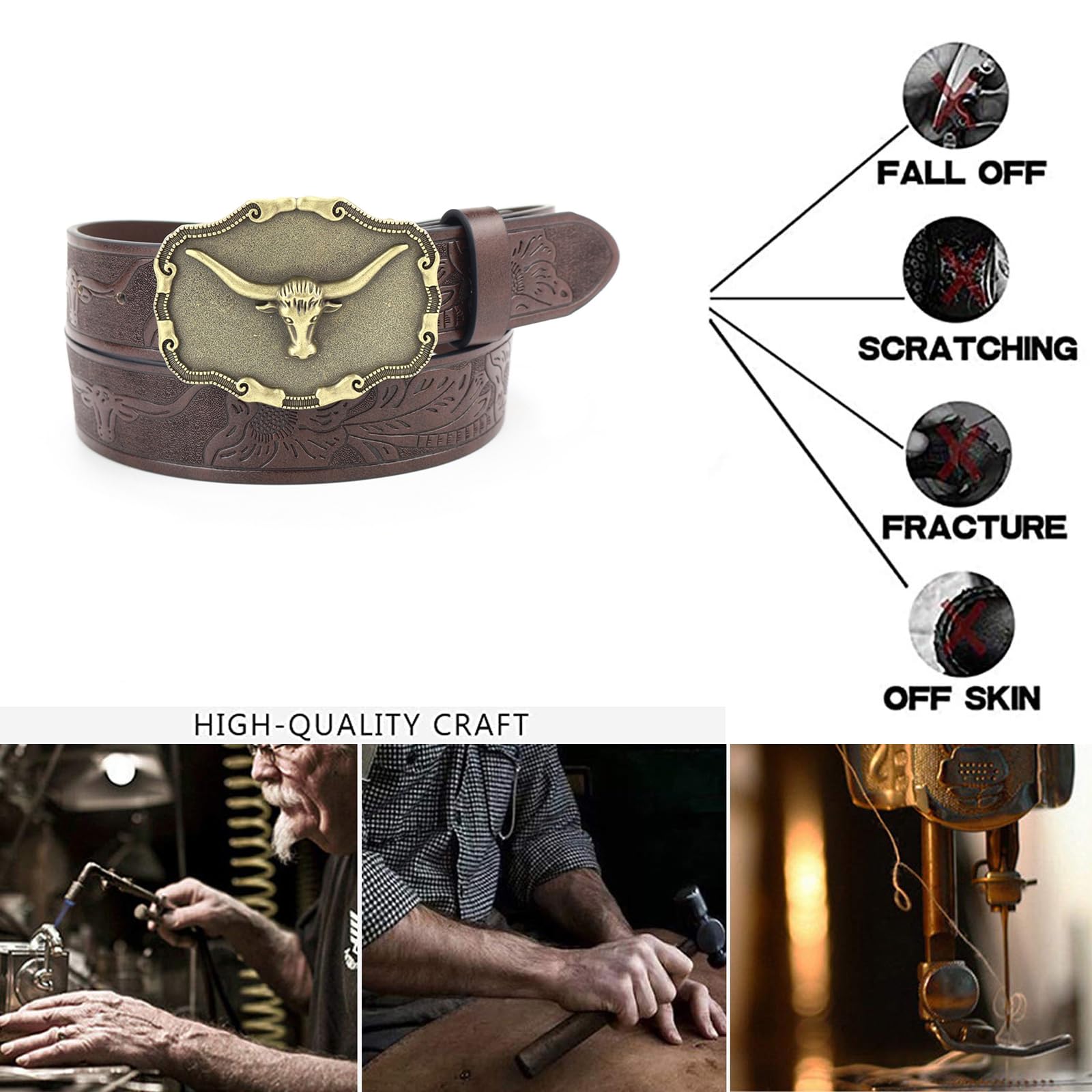 Cintura, Cinture da cowboy for uomo Longhorn Bull Western con fibbia country in pelle incisa larga 3,8 cm(115cm/waist:38"~40")