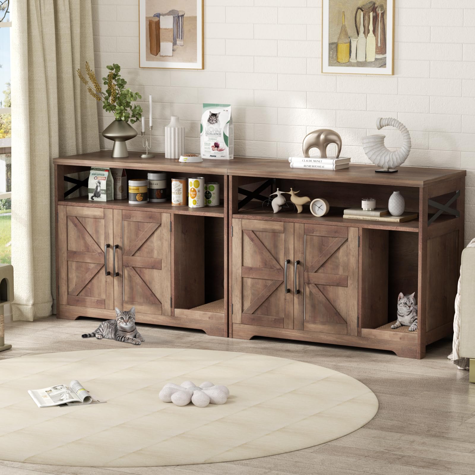 Cat Litter Box Enclosure, Hidden Litter Box Furniture with Scratch Pad, Farmhouse Indoor Cat House Washroom End Table, Retro Brown - image 3