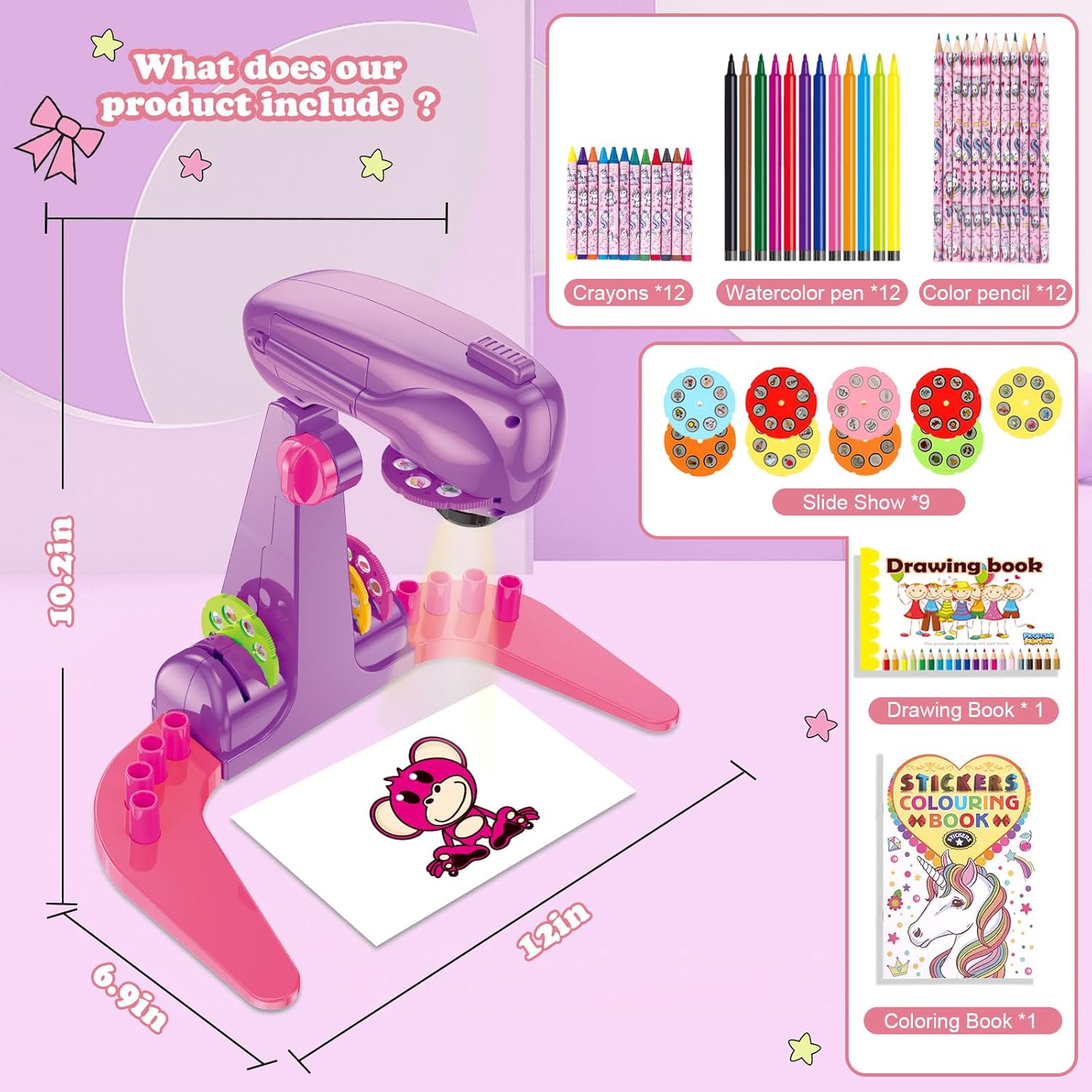 Hoarosall Drawing Projector for Kids, Art and Craft Kit, Toys for Girls Aged 3+, Drawing Supplies, Including Colored Pencils, Crayons, Coloring Books, Gift for 3+ Year Old Girls (Purple)