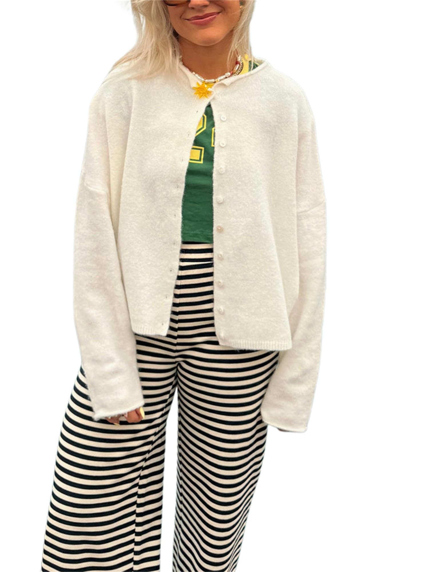 Women's Solid Color Fuzzy Knit Cardigan Long Sleeve Round Neck Sweaters Front Button Closure Rolled Hem Kniwear