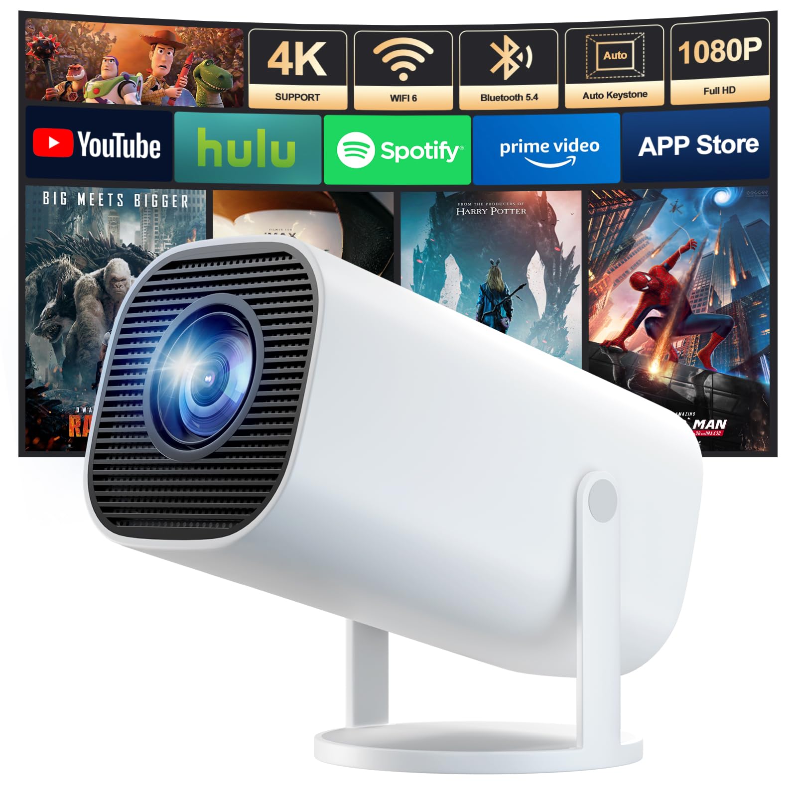 Mini Proiettore 4K Full HD 1080P, Proiettore Portatile con WiFi 6 e Bluetooth 5.4, Correzione Trapezoidale Automatica, Rotazione di 180°, Compatibile con Laptop/HDMI/TV Stick/Memory Stick