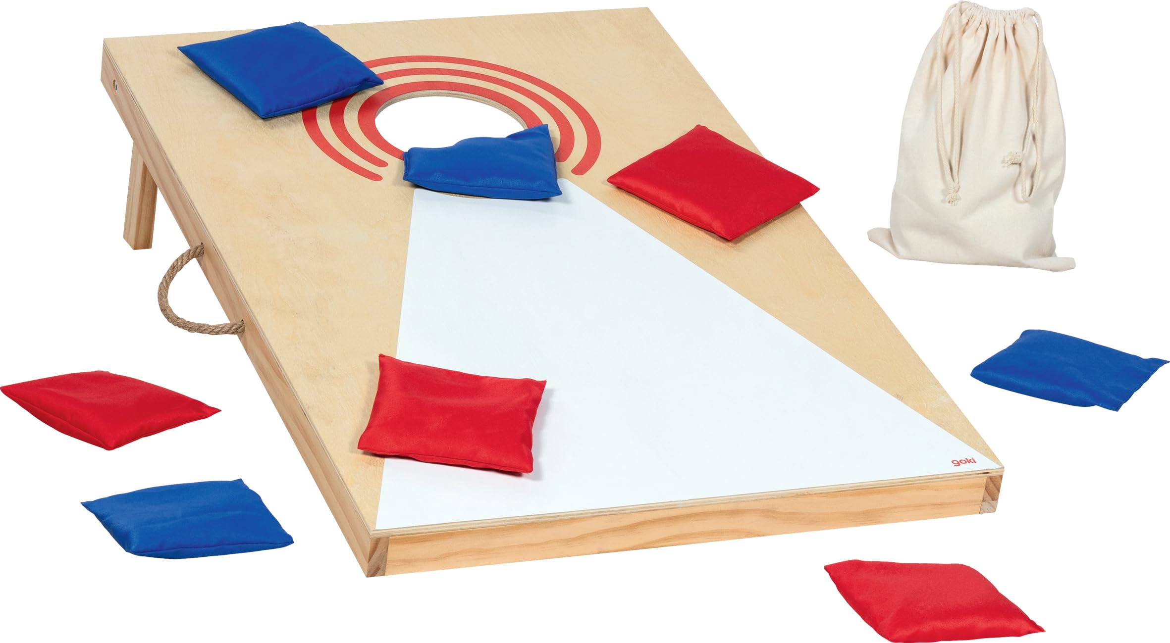goki 56329 - Cornhole-Spiel Wurfspiel aus Holz und Baumwolle, mobiles Familienspiel mit 8 Wurfsäcken in 2 Farben, einklappbaren Füßen und Transportbeutel, Indoor und Outdoor, 10er Set, ab 5 Jahre
