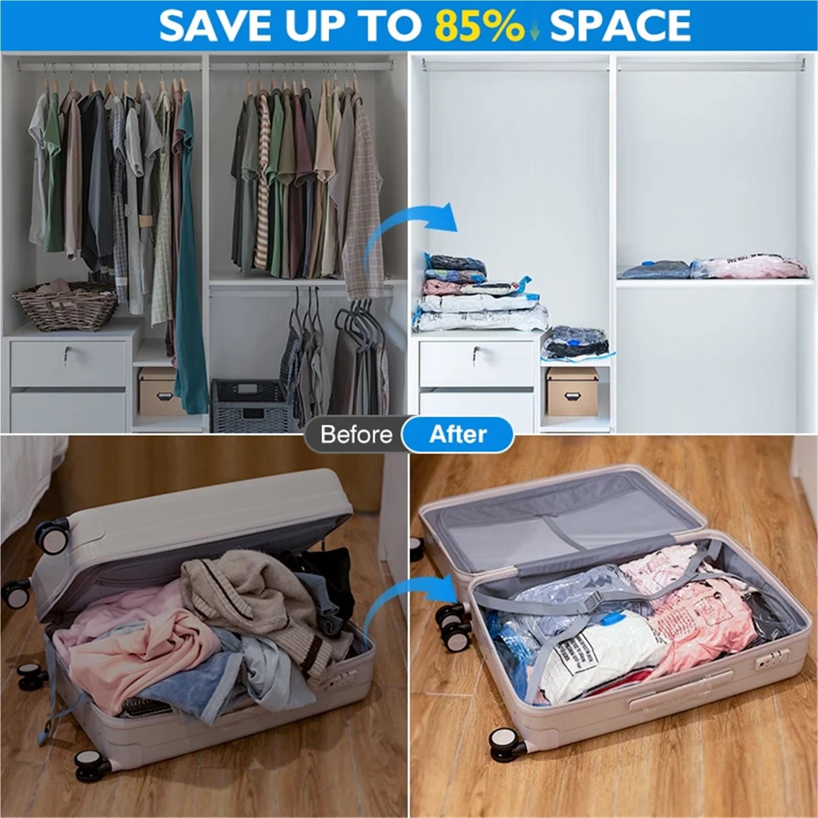 Bolsas Envasar Al Vacio Ropa Bolsas de almacenamiento al vacío, 8-18 unidades, ahorradoras de espacio, for viajes, recargables, con bomba de aire y varios sellos, for comprimir ropa, mantas y equipaje