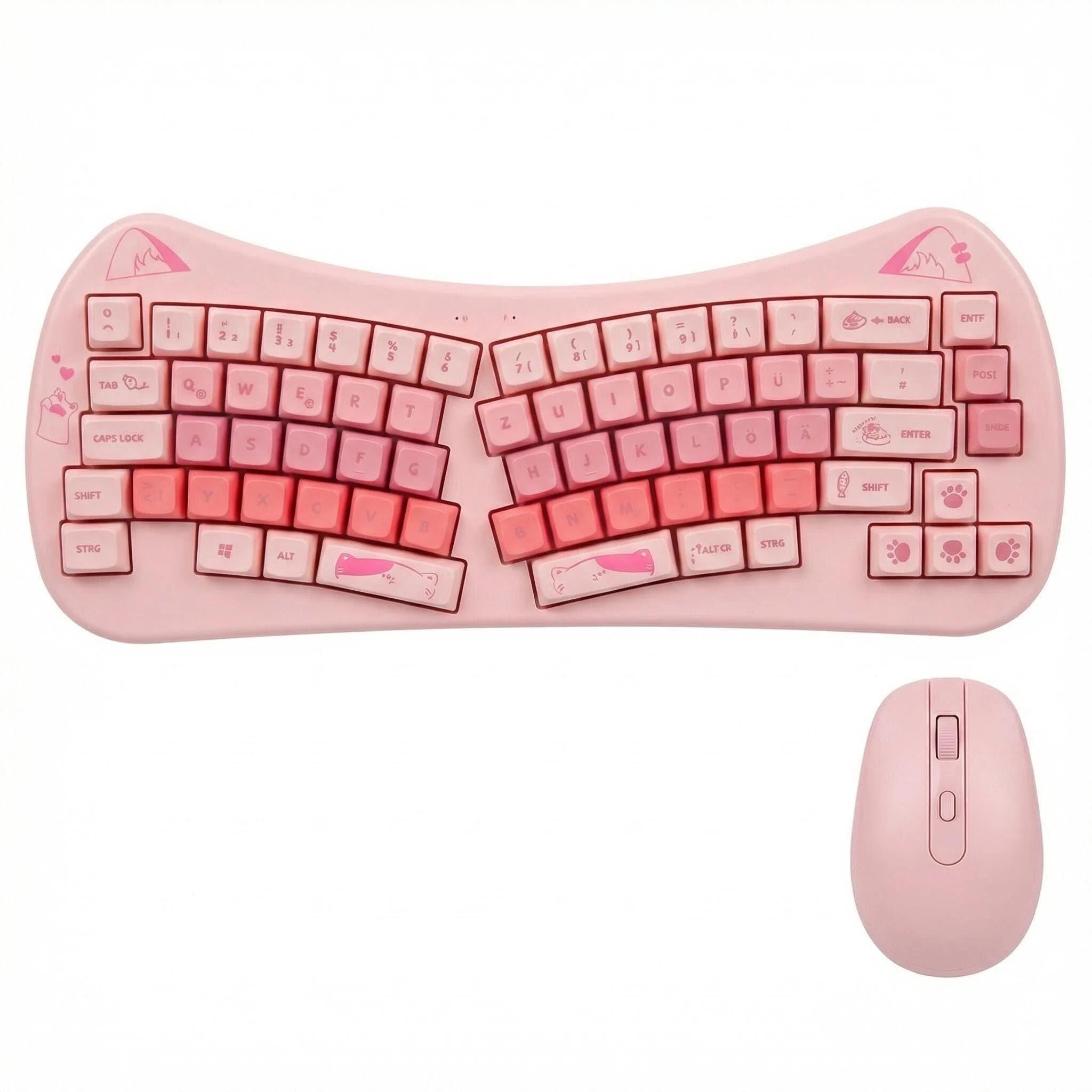 Rii Ergonomische Tastatur und Maus Rosa, Katzenohren-Design, QWERTZ, Kabellos 2,4GHz, Kompaktes Schreibgerät für Laptop PC Computer, für Home Office, Kinder, Jugendliche, Mädchen Geschenk