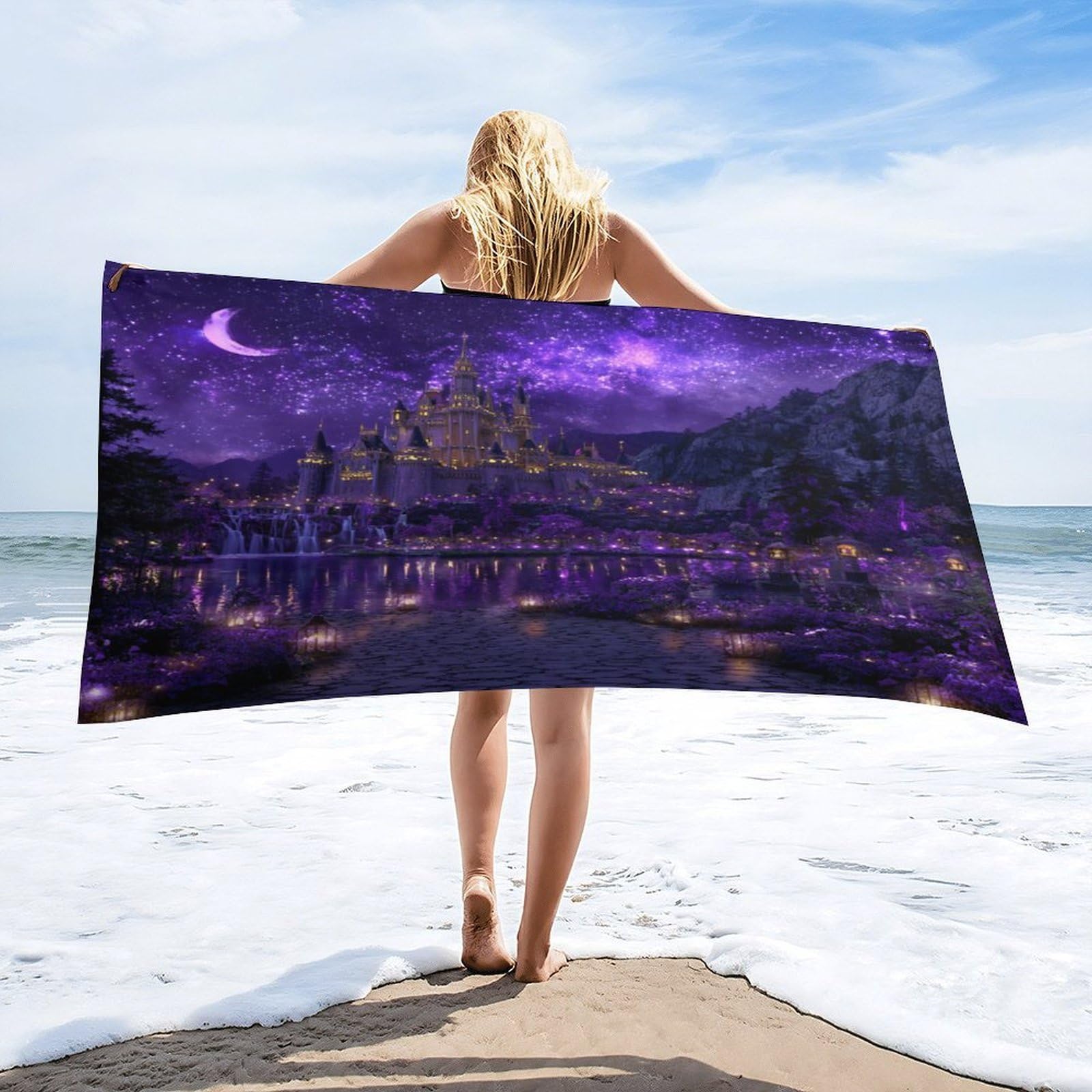 LUYYSKY Beautiful Abstract Fantasy Castle Quick-Drying Beach Towel, Realistic Watercolor Moon Starry Sky Galaxy Lake Floral Travel Vacation Single Sided Pile Bathroom Towels-80 W cm x 160" L cm