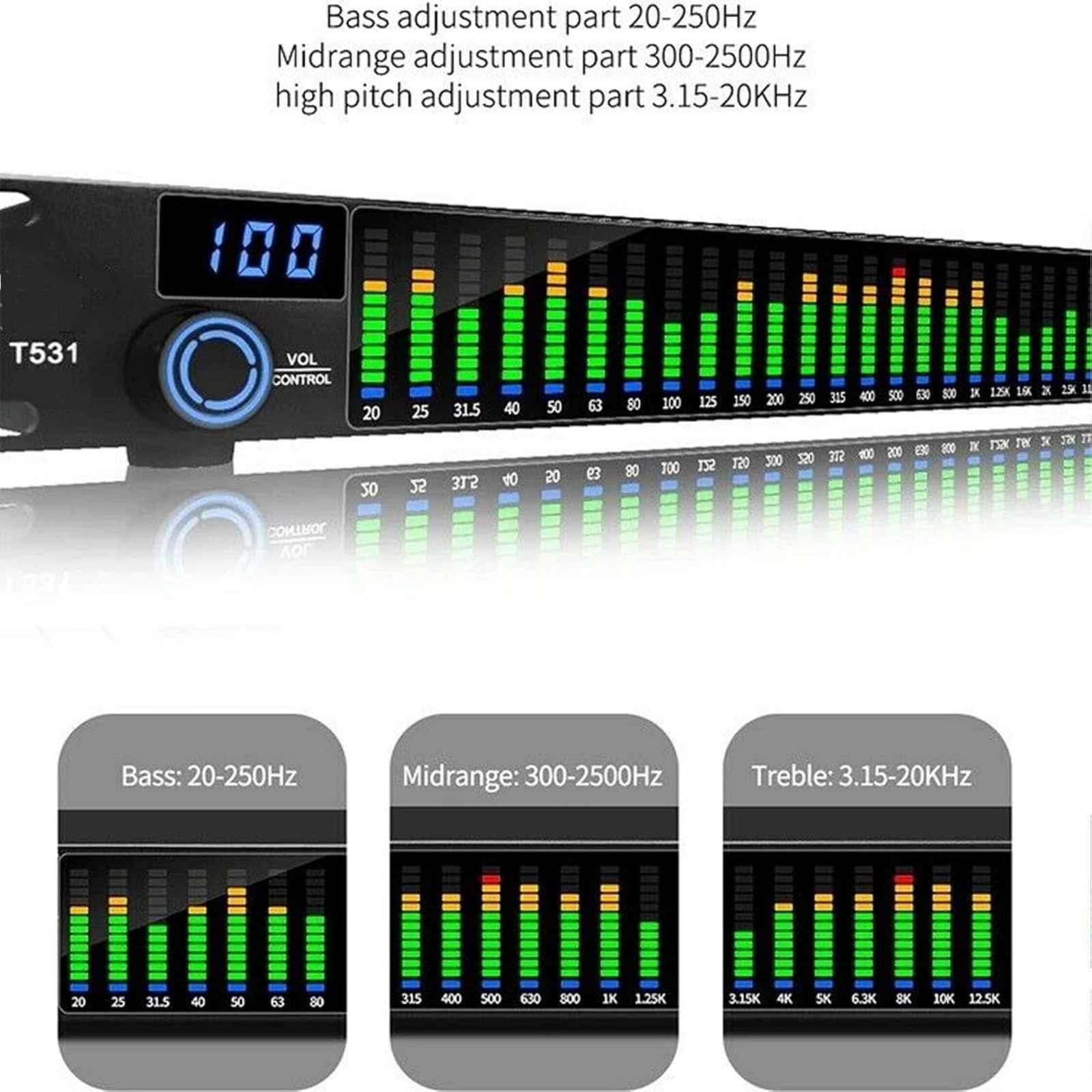 T531 Digital Equalizer EQ Redukcja szumów, z wyświetlaczem widma 31 pasm do KTV Stage Performance Board Stereon, wskaźnik widma LED