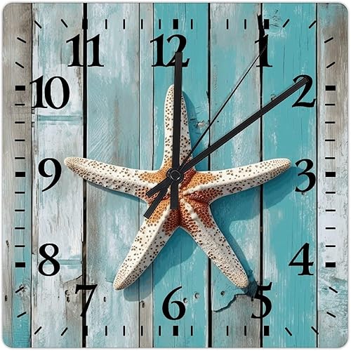 Miniatura 1 de Reloj de pared con estrella de mar, hora del océano, relojes de pared de madera costera, funciona con pilas, 12 pulgadas, sin tictac, decoración de