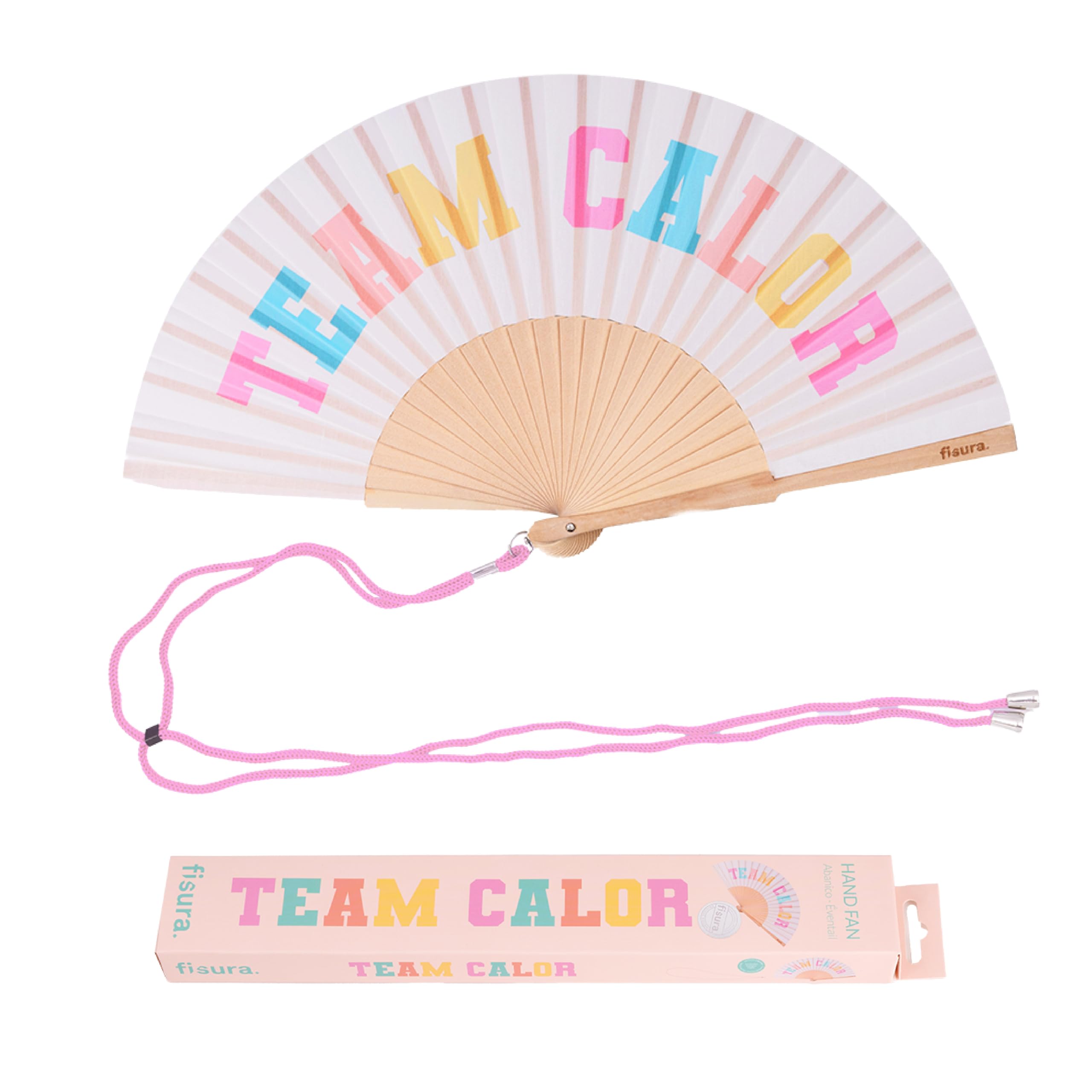 Fisura – Original Folding Handheld Fan with Fun Message team calor. Wooden Folding Fan for women. Beige design with Hanger for Wedding, rave, festival. Size: 42.5 x 23 cm