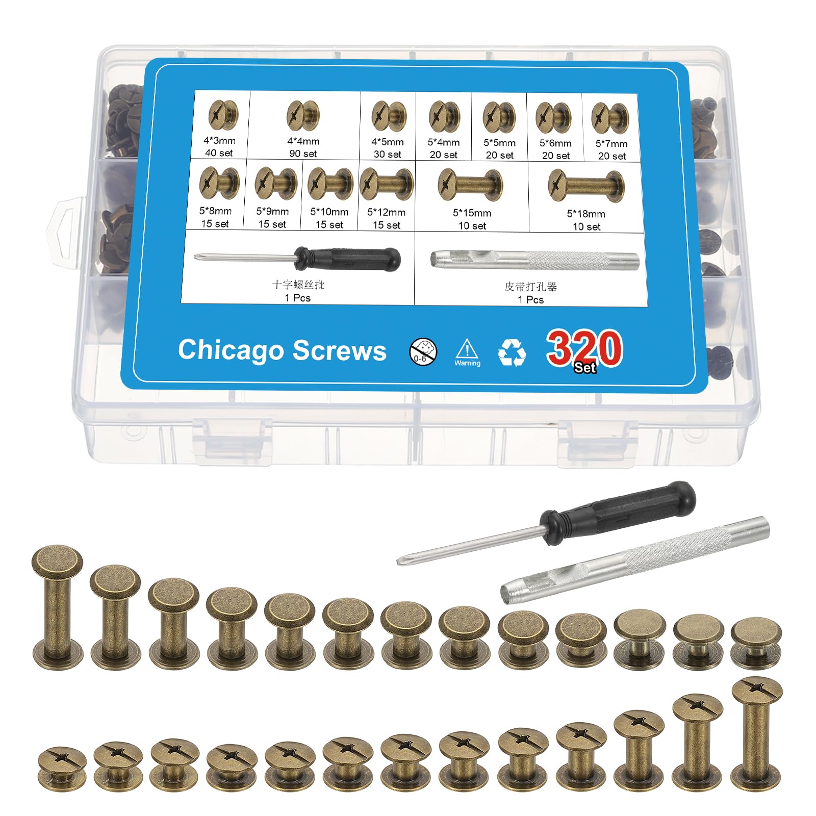 PATIKIL 320 Sets Phillips Chicago Screws Assorted Kit with Punch and Screwdriver