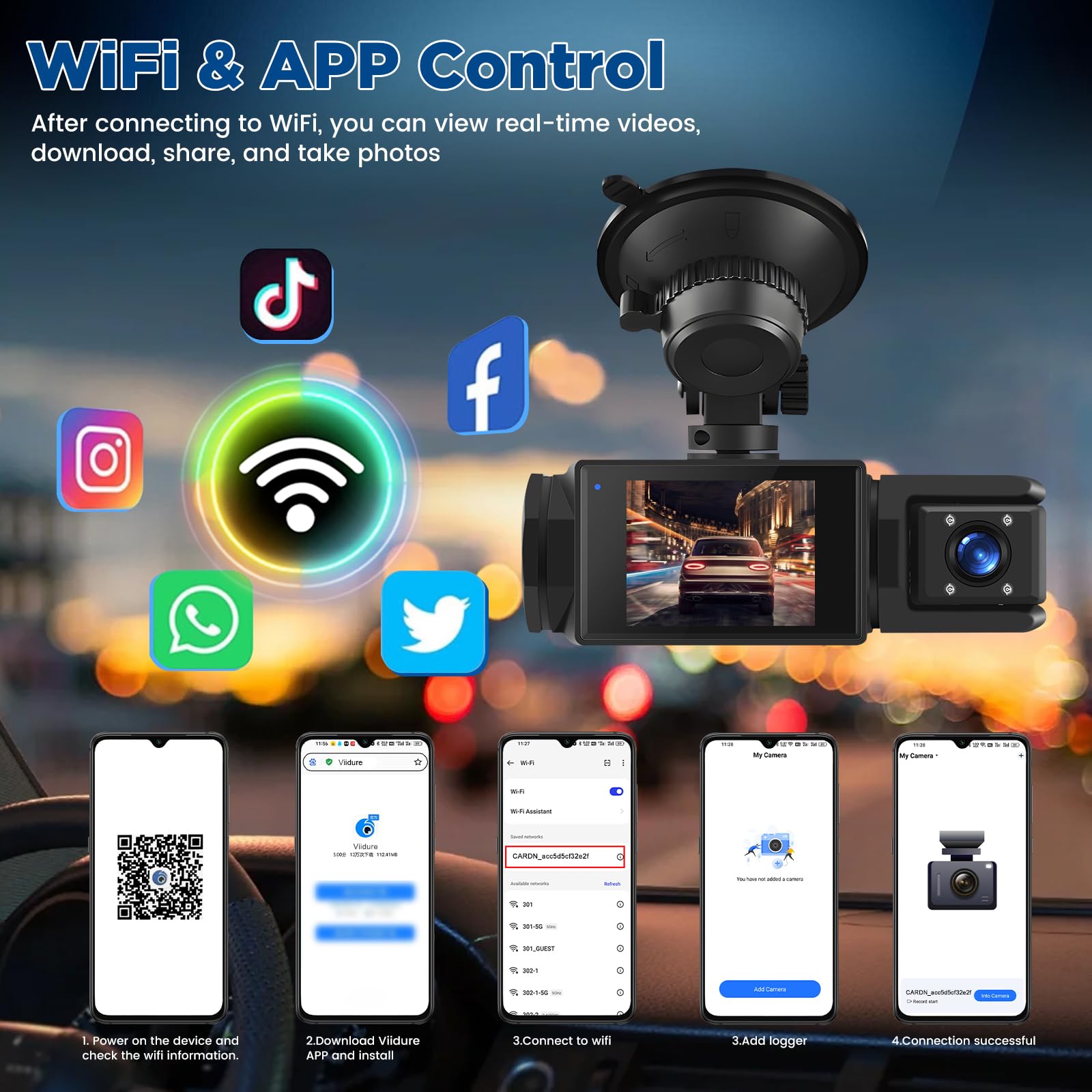 Dash Cam Auto Senza Fili WiFi – 3 Canali Fronte Interno Retro, Full HD 1080P, 2” IPS, Visione Notturna, Rilevamento Movimento, Loop, Obiettivo Rotabile