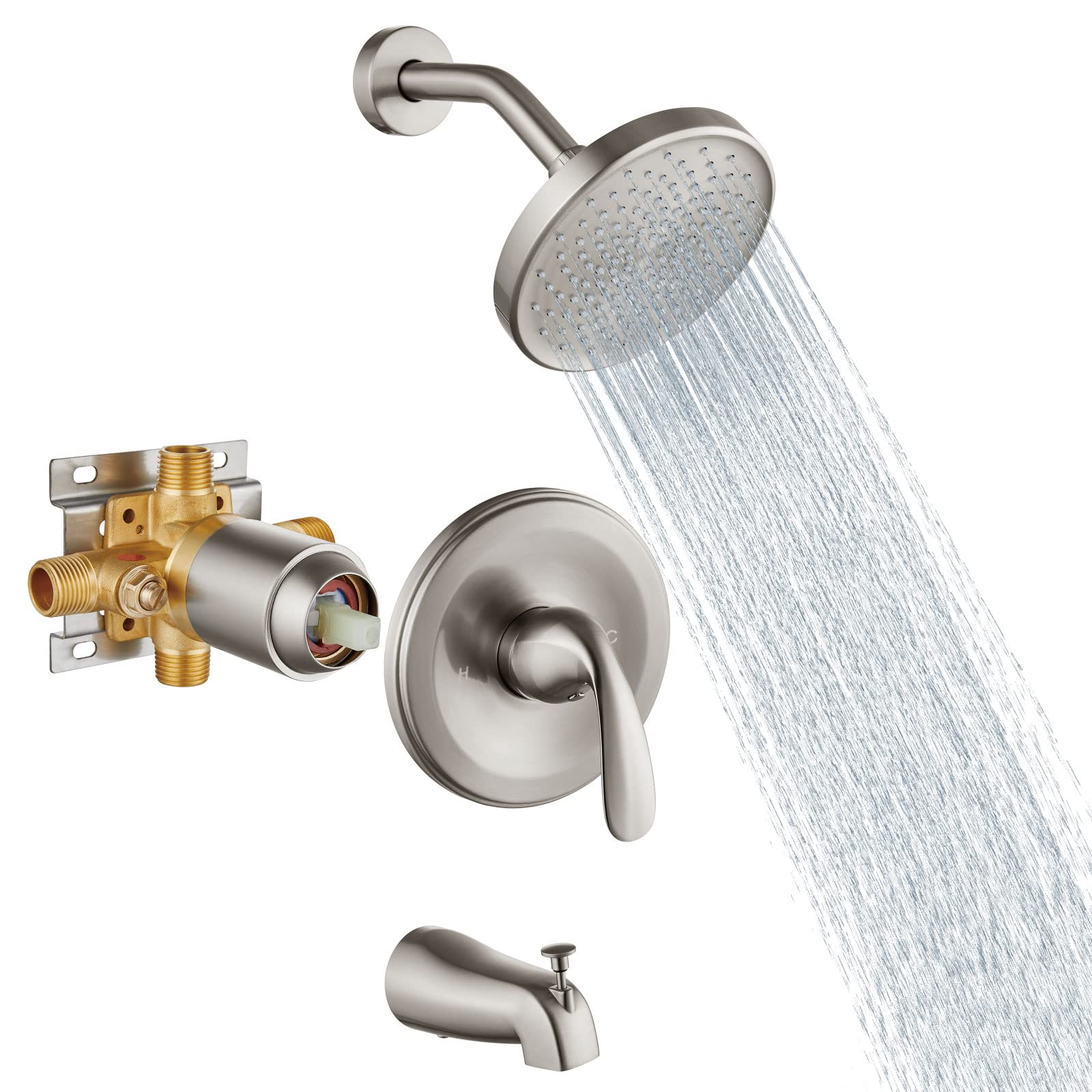 Aolemi 6 Inch Brushed Nickel Shower Trim Kit Wall Mount Shower Tub System with Pressure Balance Rough-in Valve Single-Spray Shower Head Faucet Set and 5.3 Inch Tub Spout Single Handle