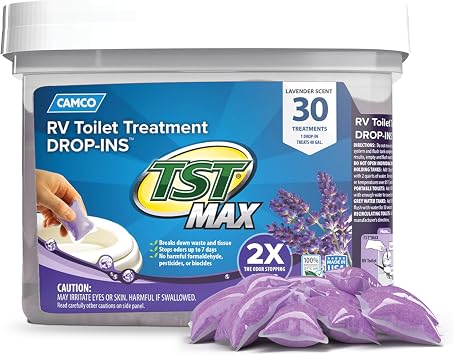 Camco TST MAX RV Toilet Treatment Drop-INs - Control Unwanted Odors and Break Down Waste and Tissue - Septic Tank Safe - Lavender Scent - 30-pack 41553
