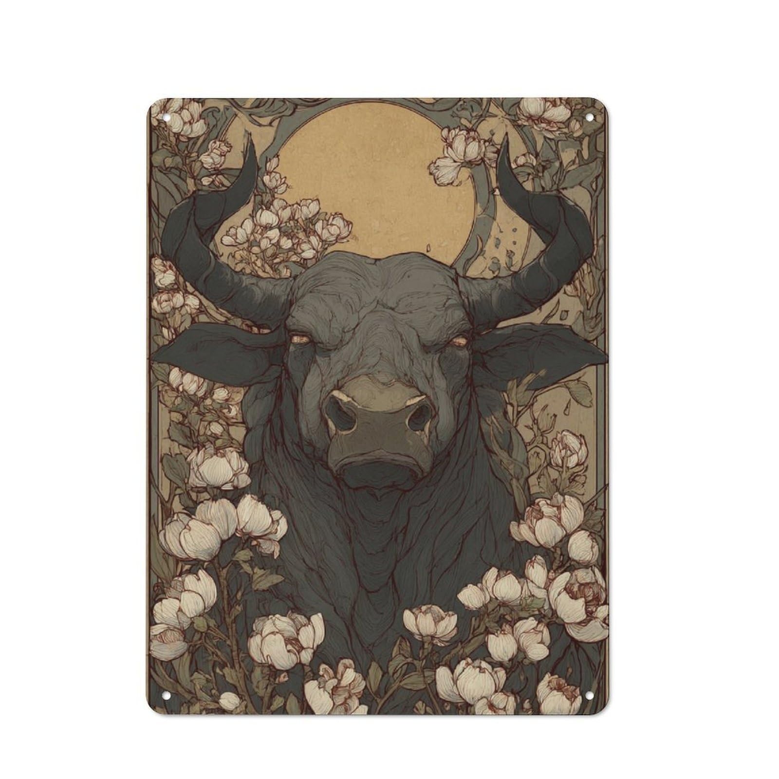 Junmoney Art Nouveau Bull & Flowers Decorative Tin Sign 40X30cm, Old Fashioned Vintage Wall Decor For Lounge, Study, Pub Or Wall Gallery