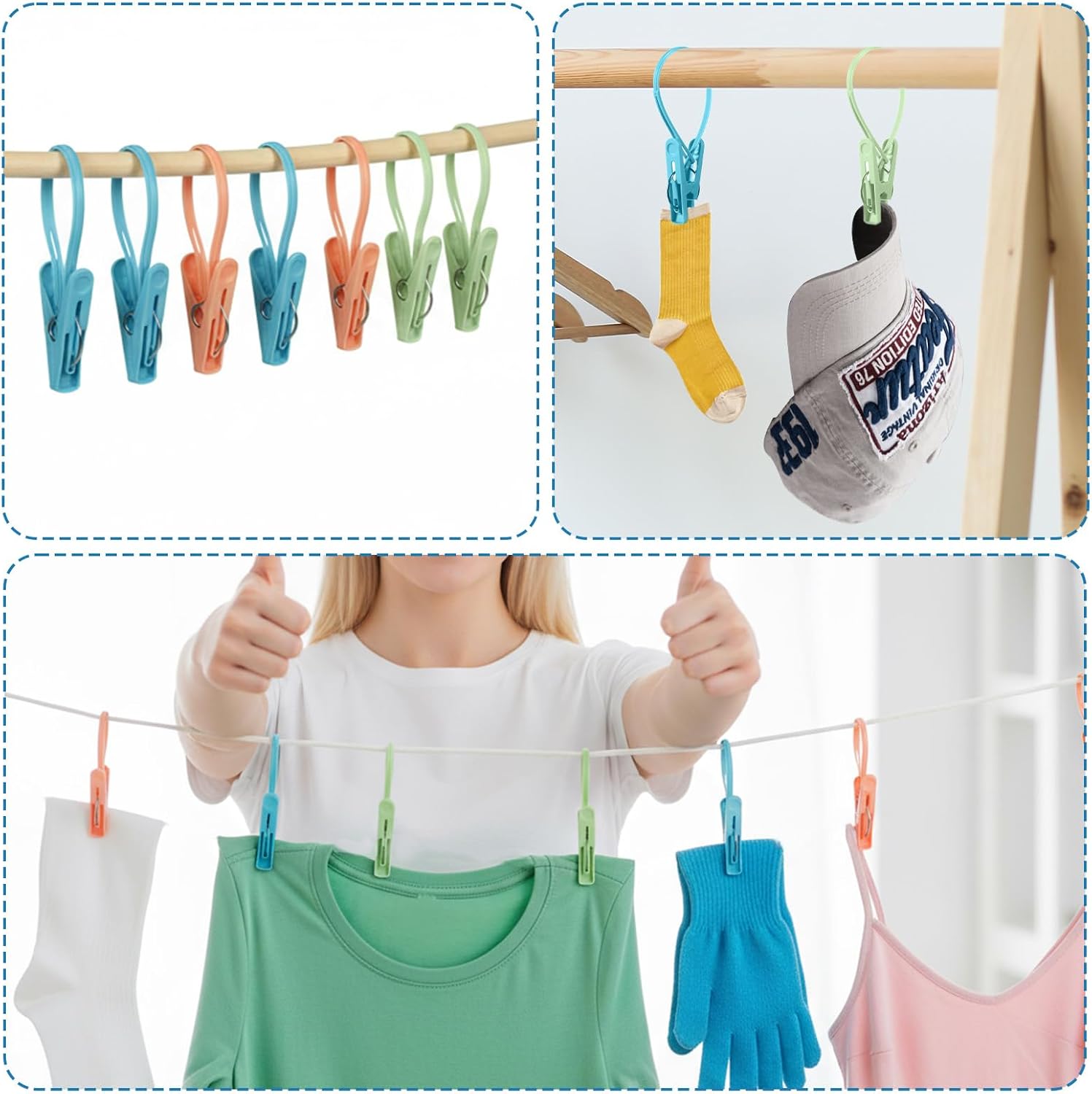 24 Pack Plastic Clothes Pins with Rope, Mini Clothesline Clips Multicolor Windproof Drying Clothing Pegs for Hanging Socks Hats Pants Bras Underwears Towel Photo Crafts