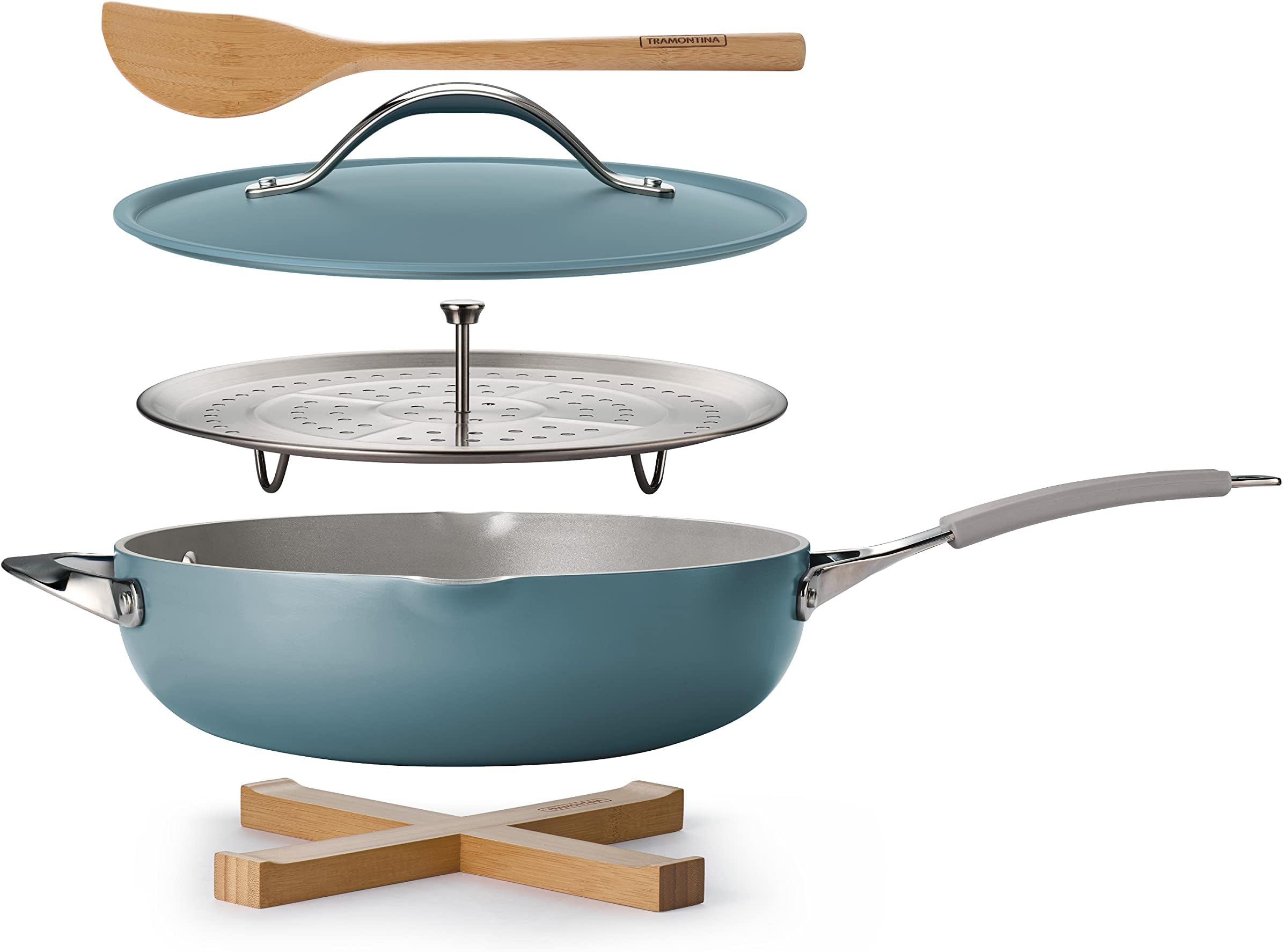 Tramontina All-in-One Plus Pan Set, 5-Quart Ceramic Non Stick Cooking Pan with Lid, Steamer Insert, Bamboo Utensil and Trivet, Blue