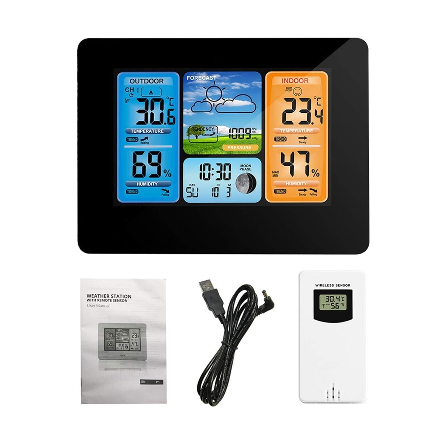 Professional Digital Indoor Outdoor Barometer Thermometer Hygrometer Weather Station LCD Alarm Clock Temperature Instruments Tools(Black)