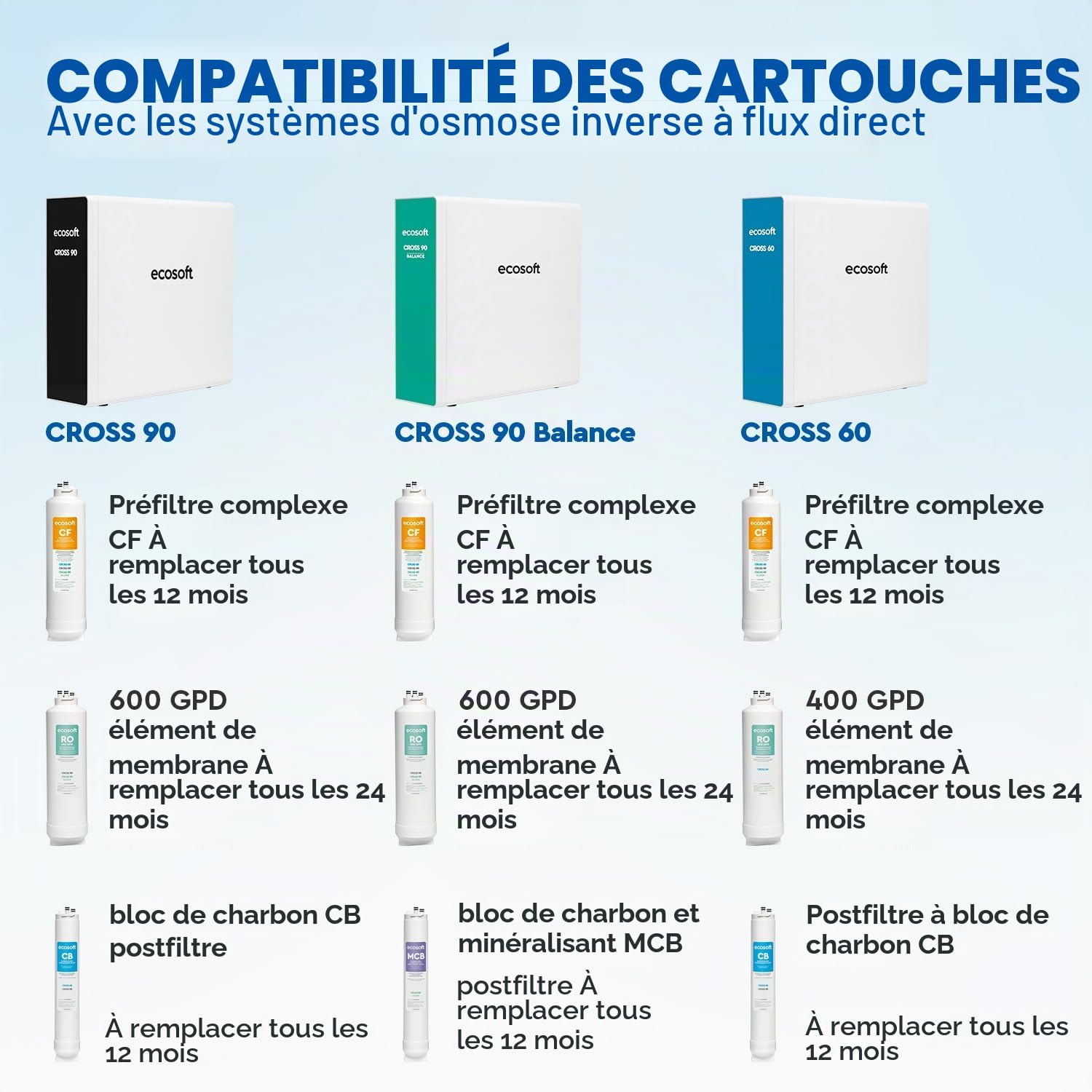 Ecosoft CF Préfiltre complexe pour filtres CROSS, élimination des sédiments et du chlore, installation facile pour système d'osmose inverse CROSS 90, remplacement tous les 12 mois