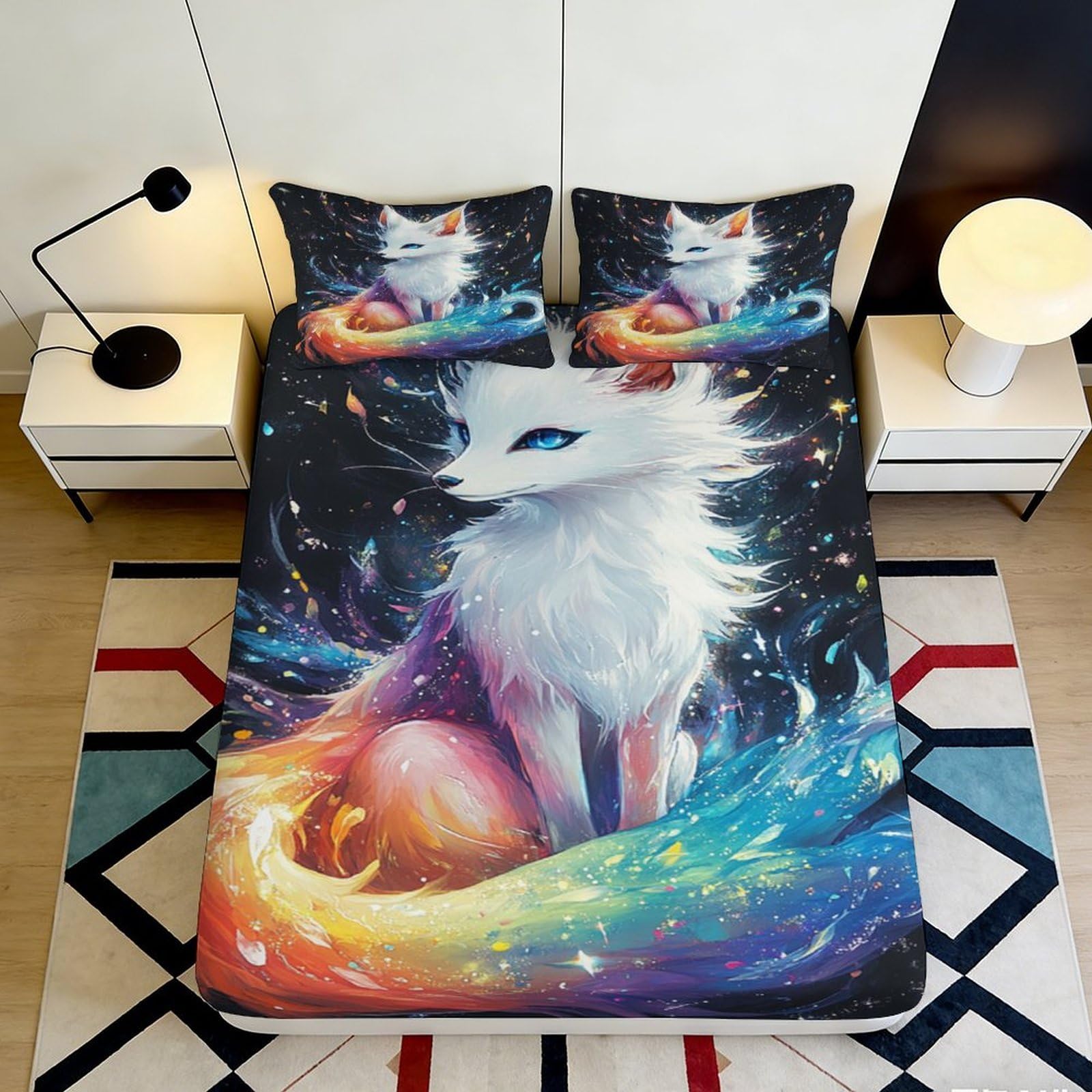 3D Printed Fantasy Fox Fitted Sheet Microfiber Soft Colorful Aurora Mattress Cover for Bedroom Decor Protection 160x200x25cm