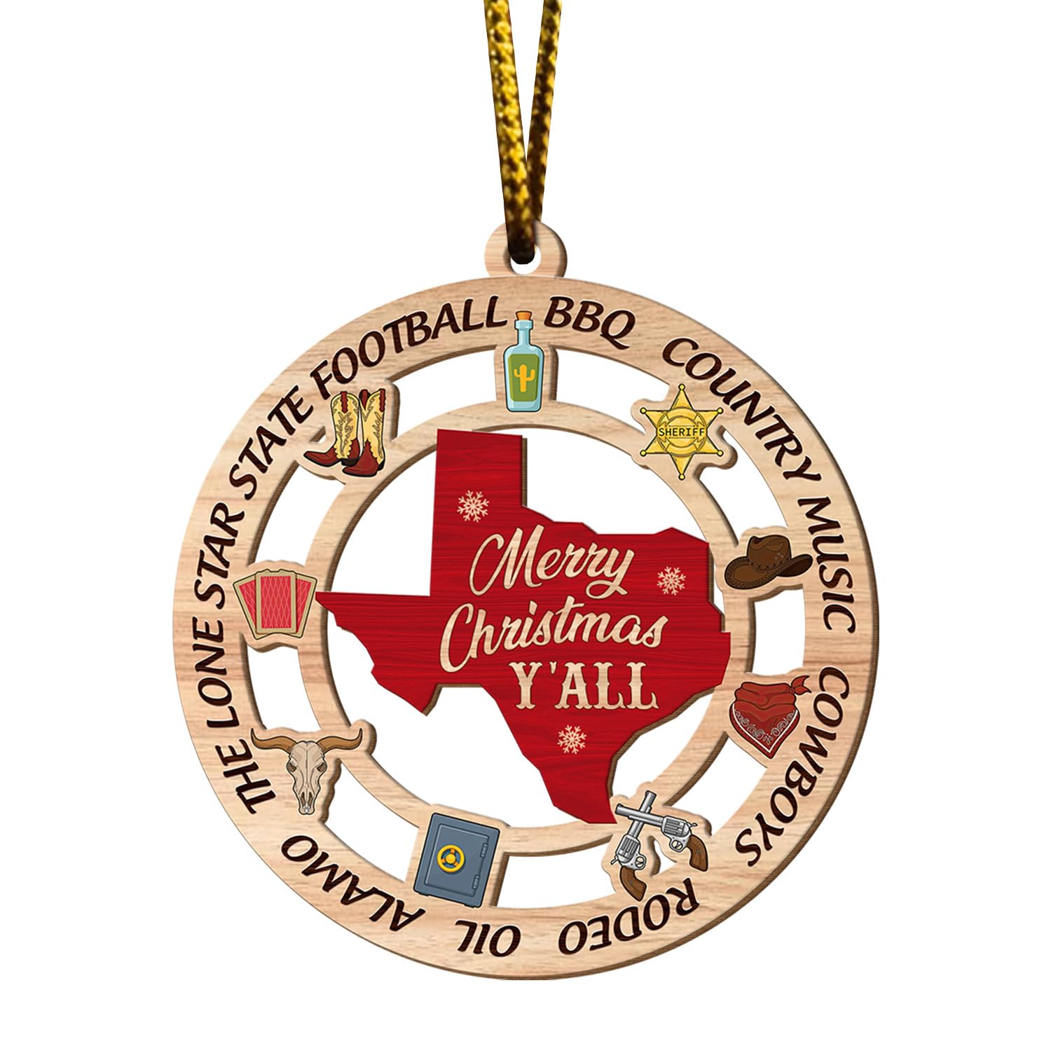 Texas Merry Christmas Y'all Wooden Ornament 3x3in, Texas Christmas Keepsake Holiday Decorations, Housewarming Gifts for Relatives, Colleagues, Great Texas Themed for Xmas Tree Decorations