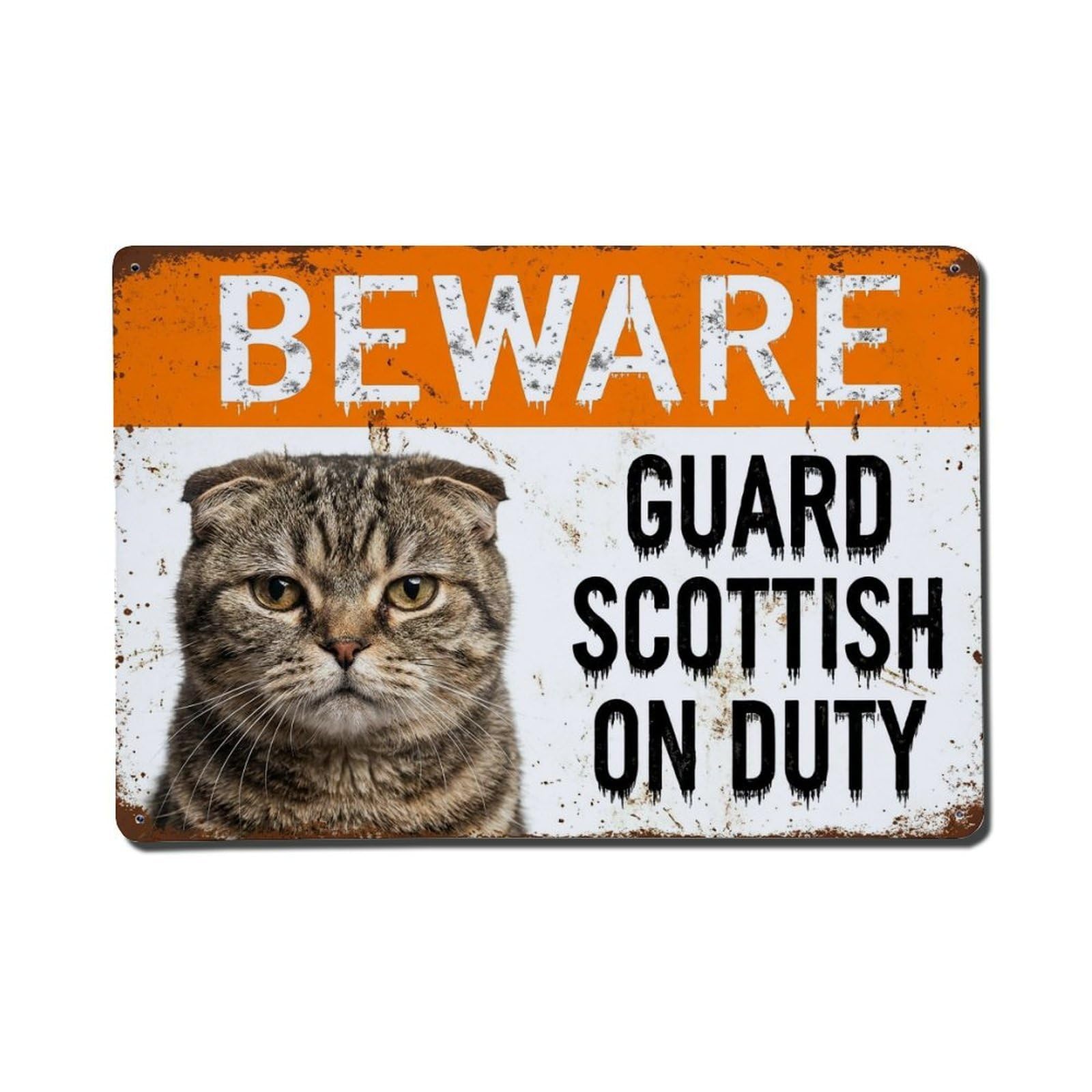 Vintage Funny Scottish Fold Guard Beware of Cat Doorway Metal Tin Sign